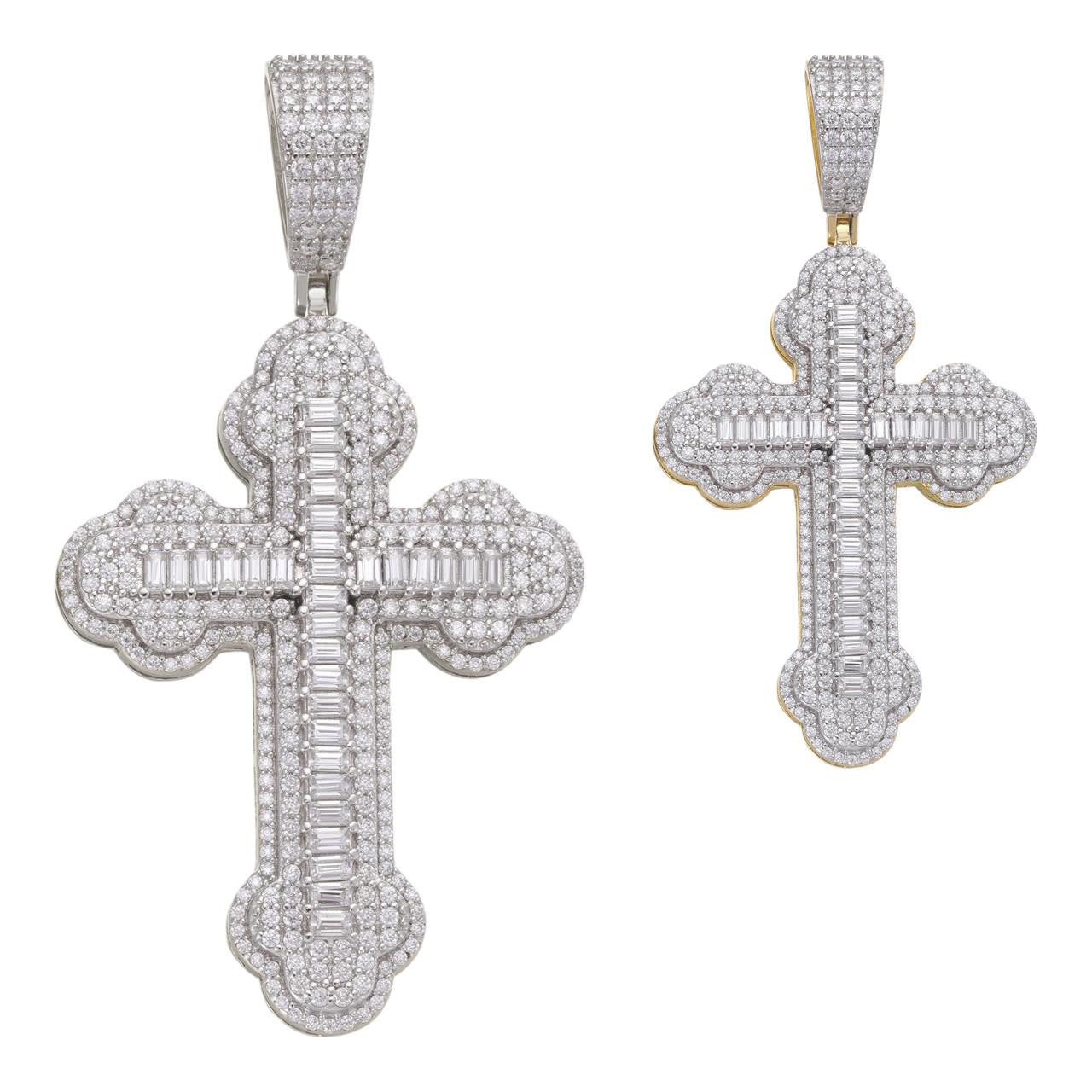 MOISSANITE Iced Gothic Baguette Cross Pendant - 14k Gold Vermeil or 925 Silver - Medium 2.25"