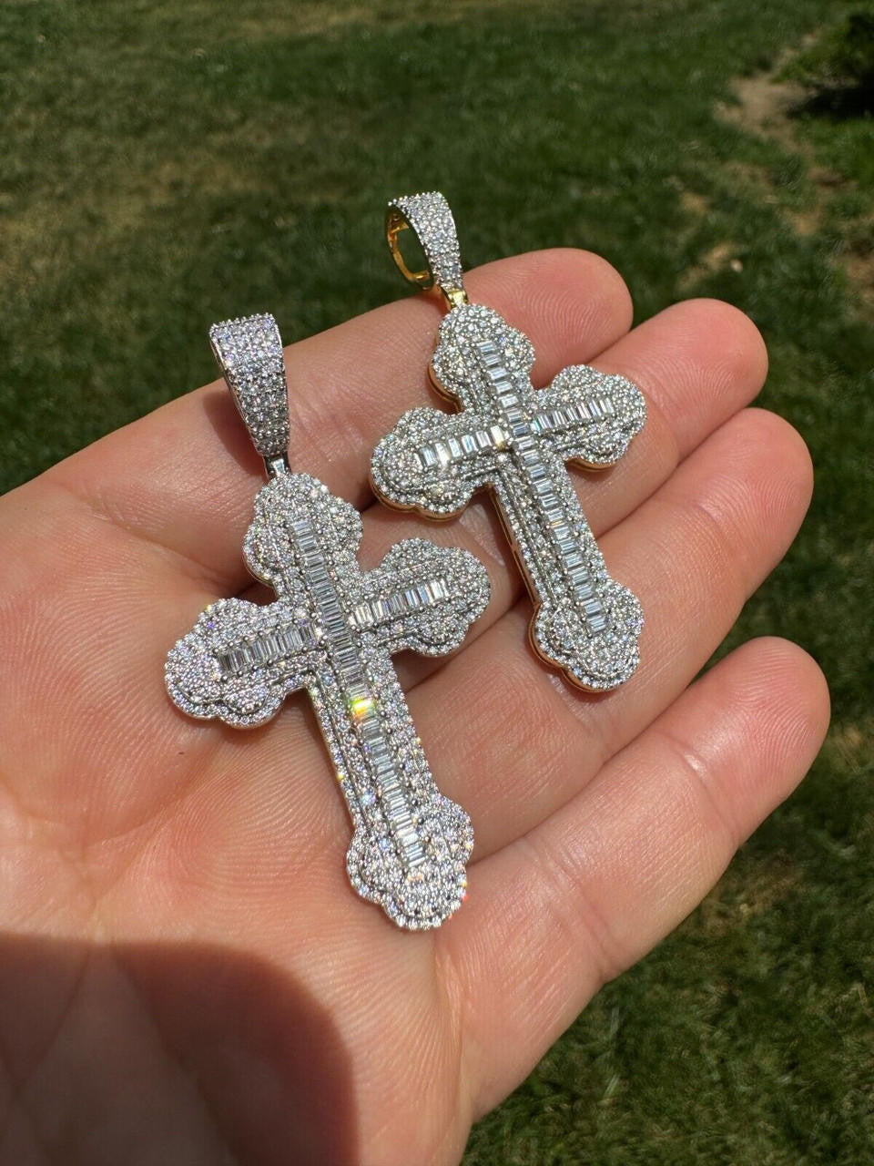 MOISSANITE Iced Gothic Baguette Cross Pendant - 14k Gold Vermeil or 925 Silver - Medium 2.25"