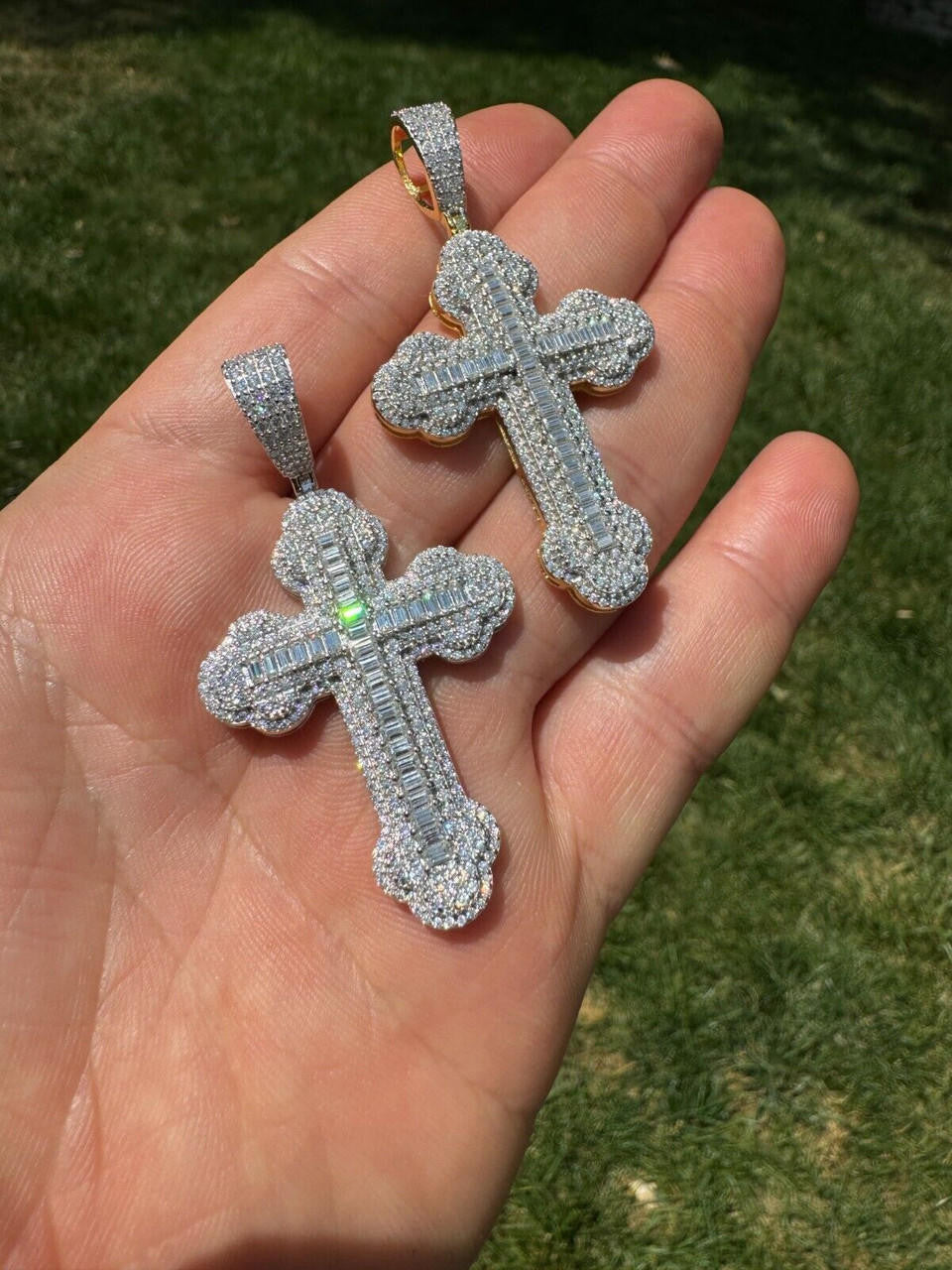 MOISSANITE Iced Gothic Baguette Cross Pendant - 14k Gold Vermeil or 925 Silver - Medium 2.25"