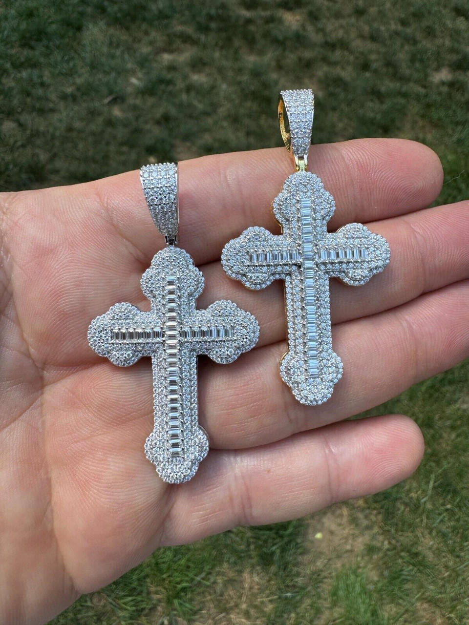 MOISSANITE Iced Gothic Baguette Cross Pendant - 14k Gold Vermeil or 925 Silver - Medium 2.25"