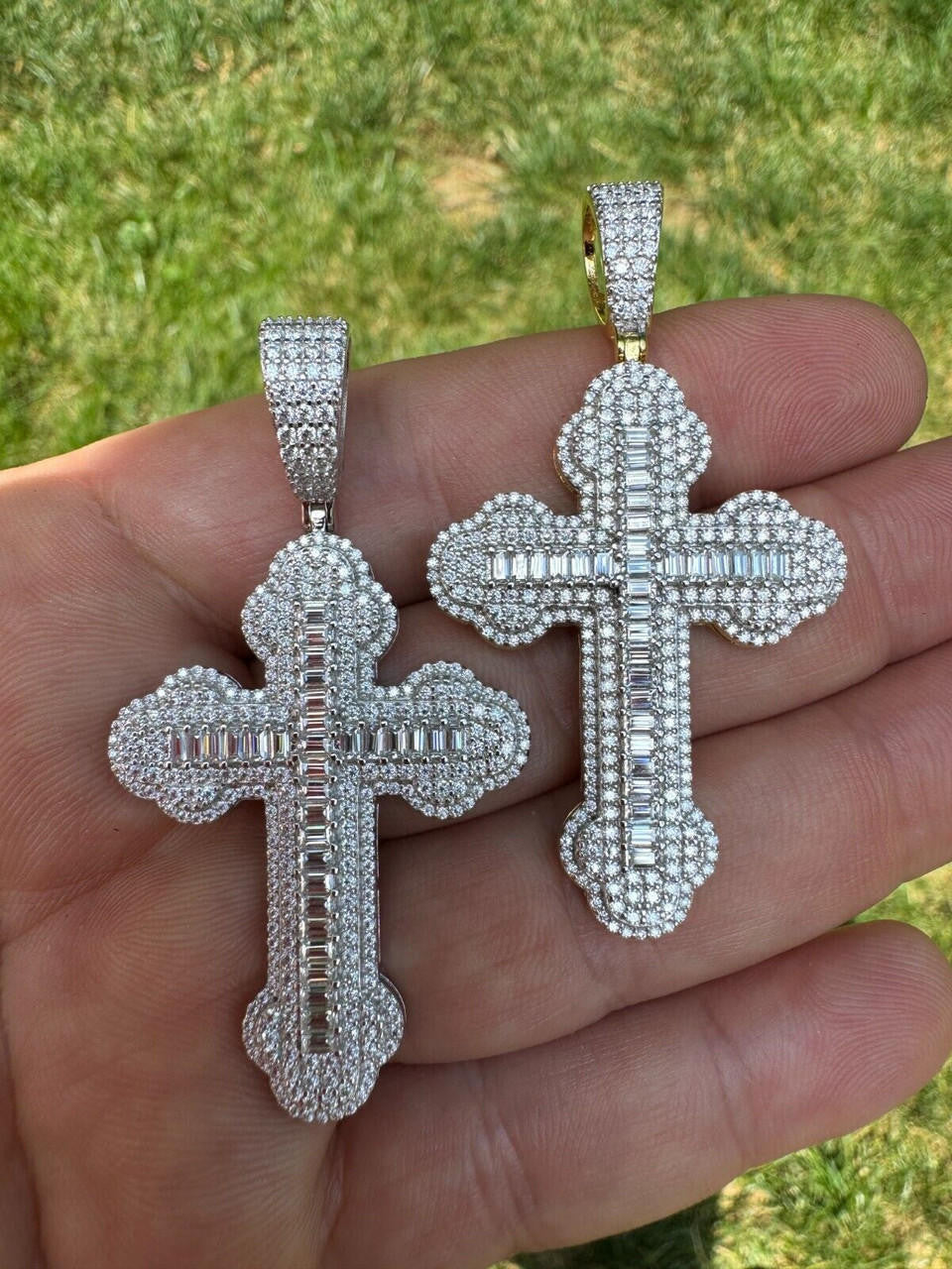 MOISSANITE Iced Gothic Baguette Cross Pendant - 14k Gold Vermeil or 925 Silver - Medium 2.25"