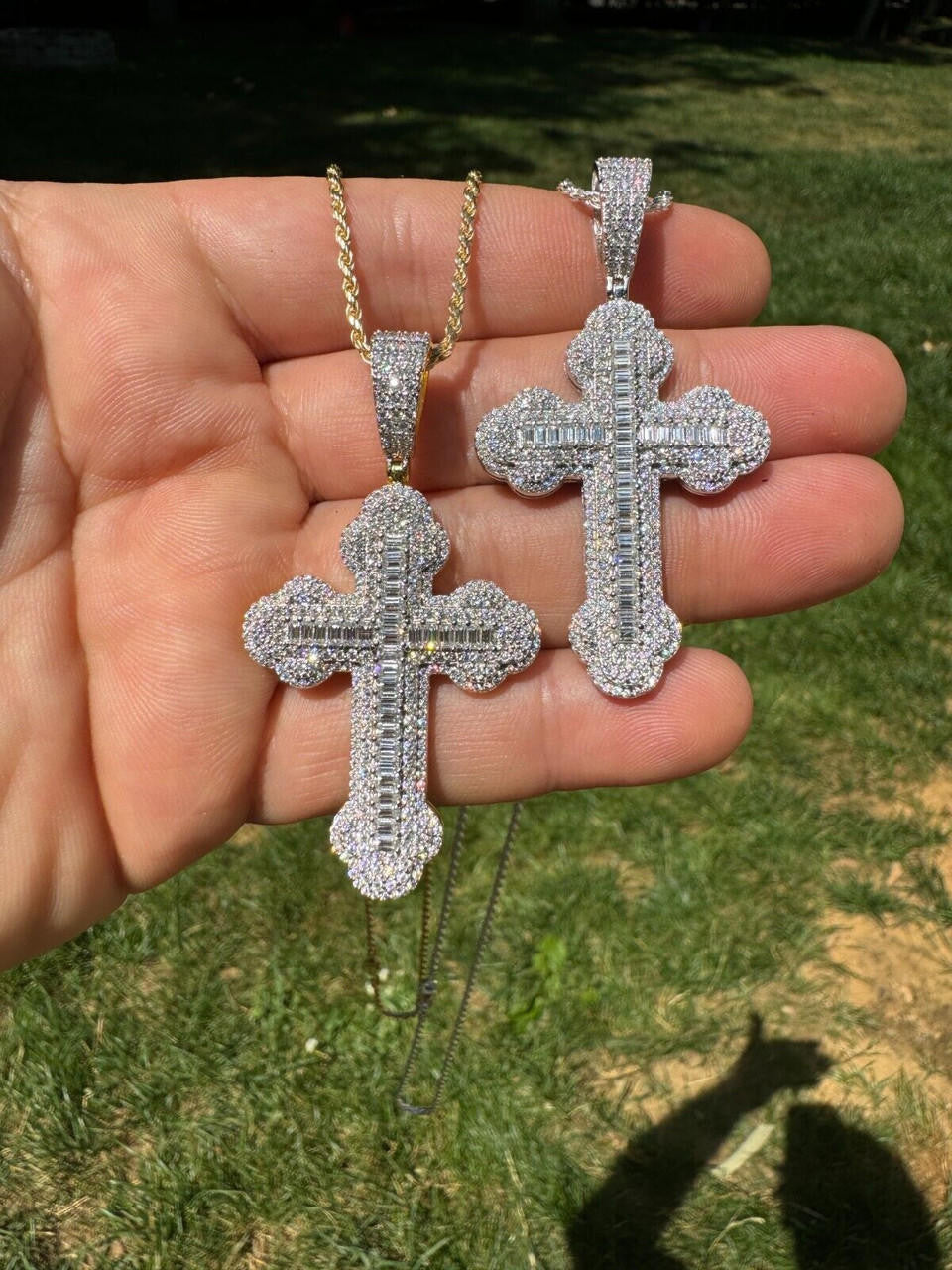 MOISSANITE Iced Gothic Baguette Cross Pendant - 14k Gold Vermeil or 925 Silver - Medium 2.25"