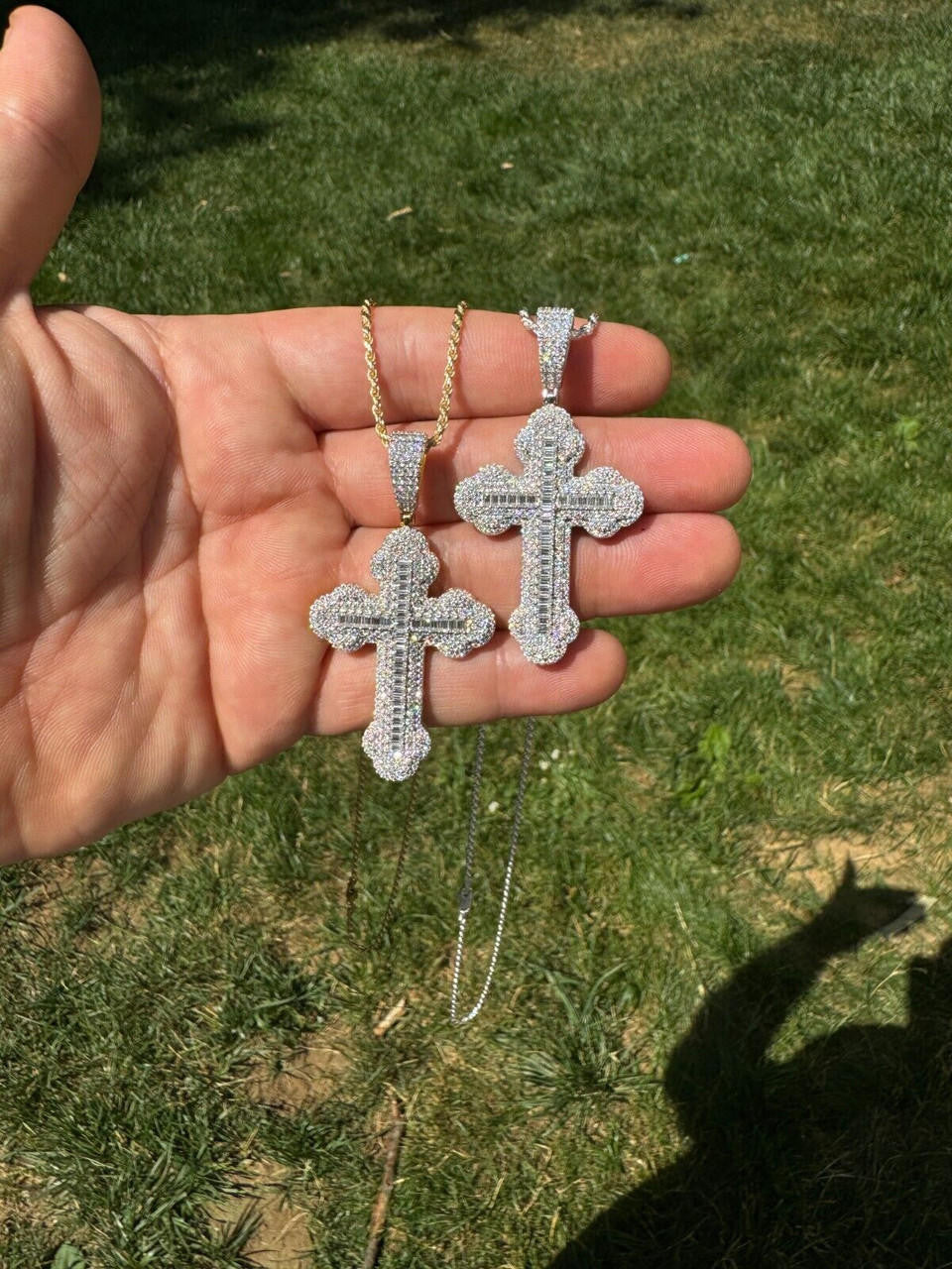 MOISSANITE Iced Gothic Baguette Cross Pendant - 14k Gold Vermeil or 925 Silver - Medium 2.25"
