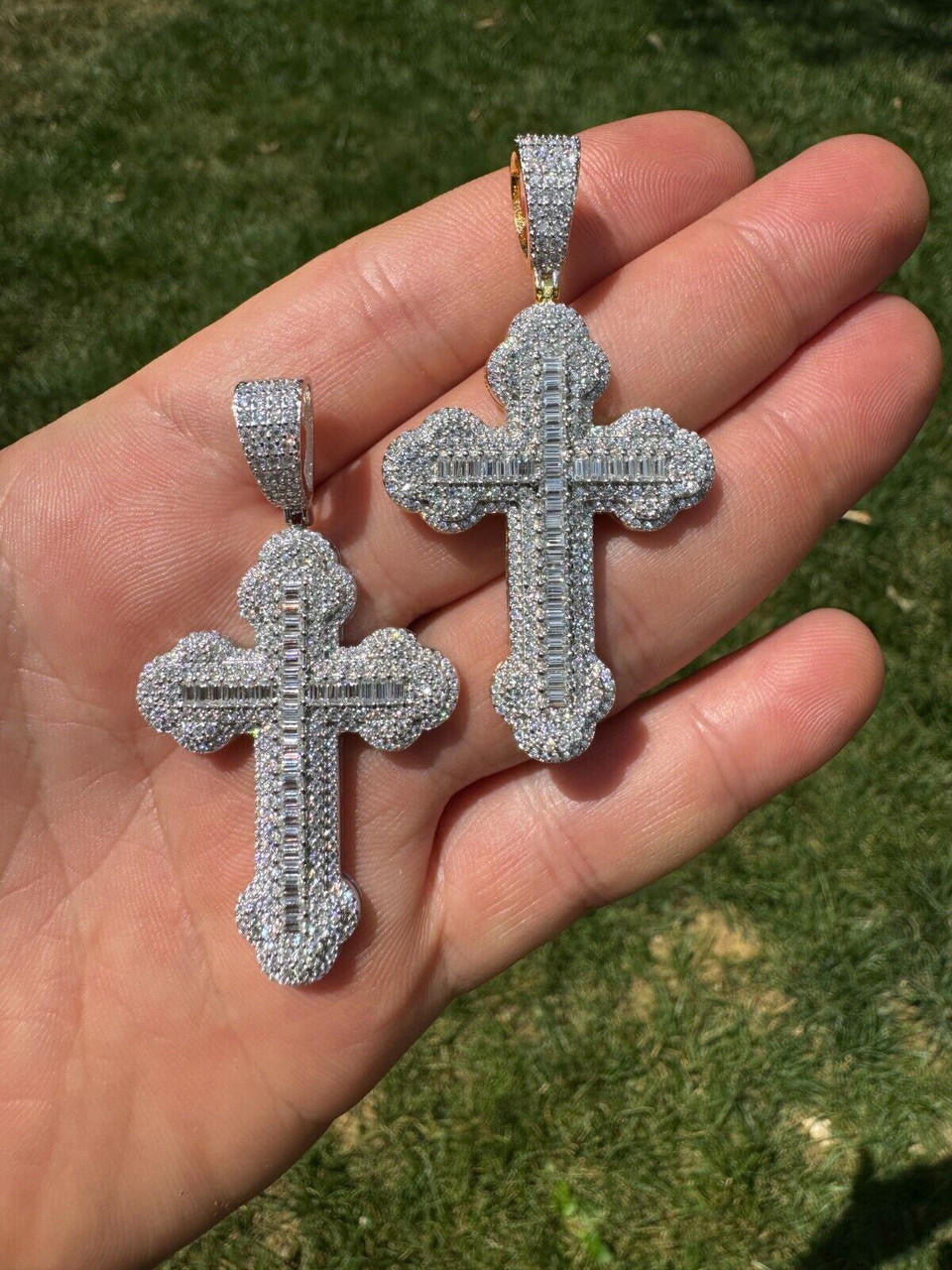 MOISSANITE Iced Gothic Baguette Cross Pendant - 14k Gold Vermeil or 925 Silver - Medium 2.25"