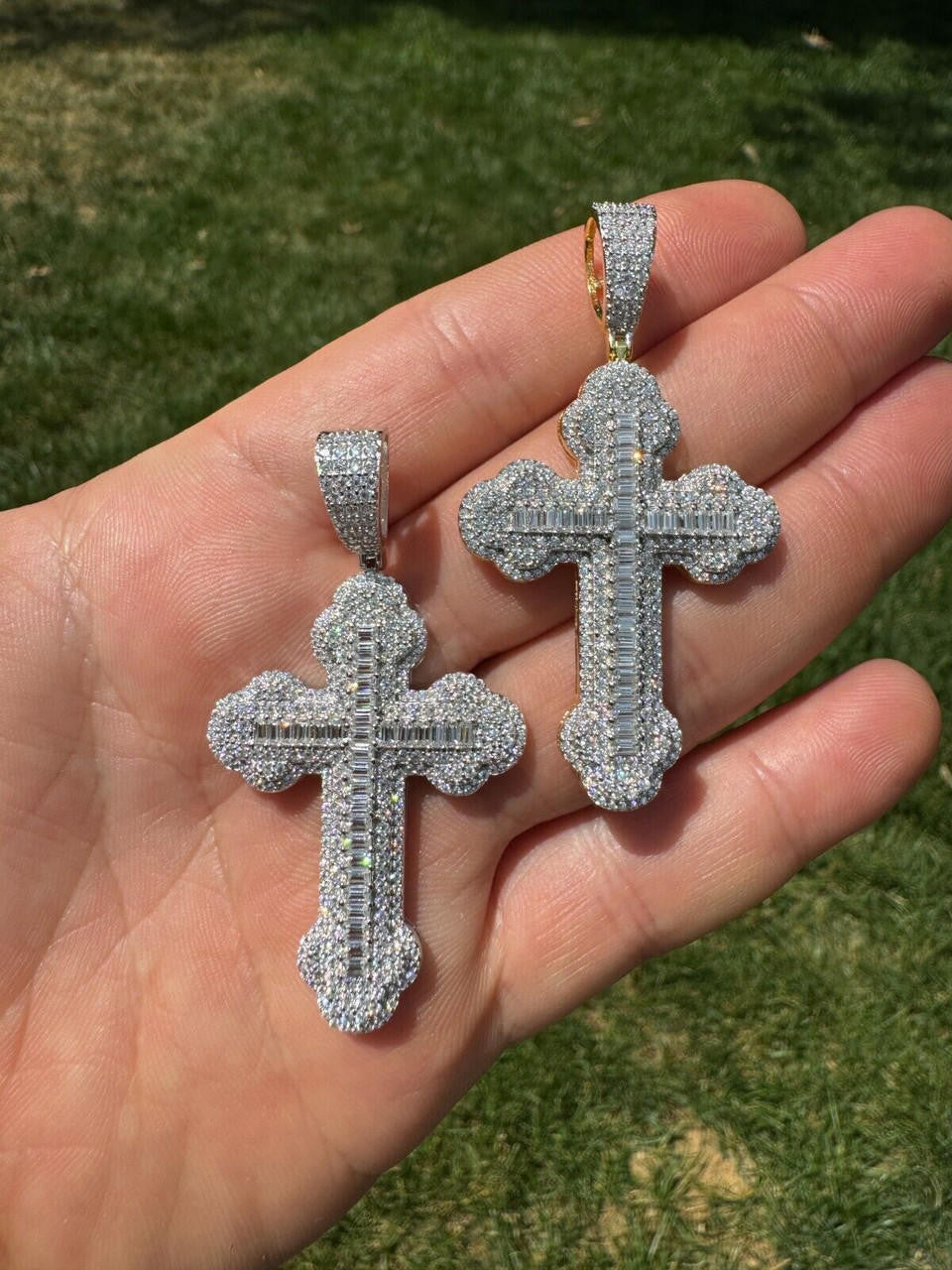 MOISSANITE Iced Gothic Baguette Cross Pendant - 14k Gold Vermeil or 925 Silver - Medium 2.25"