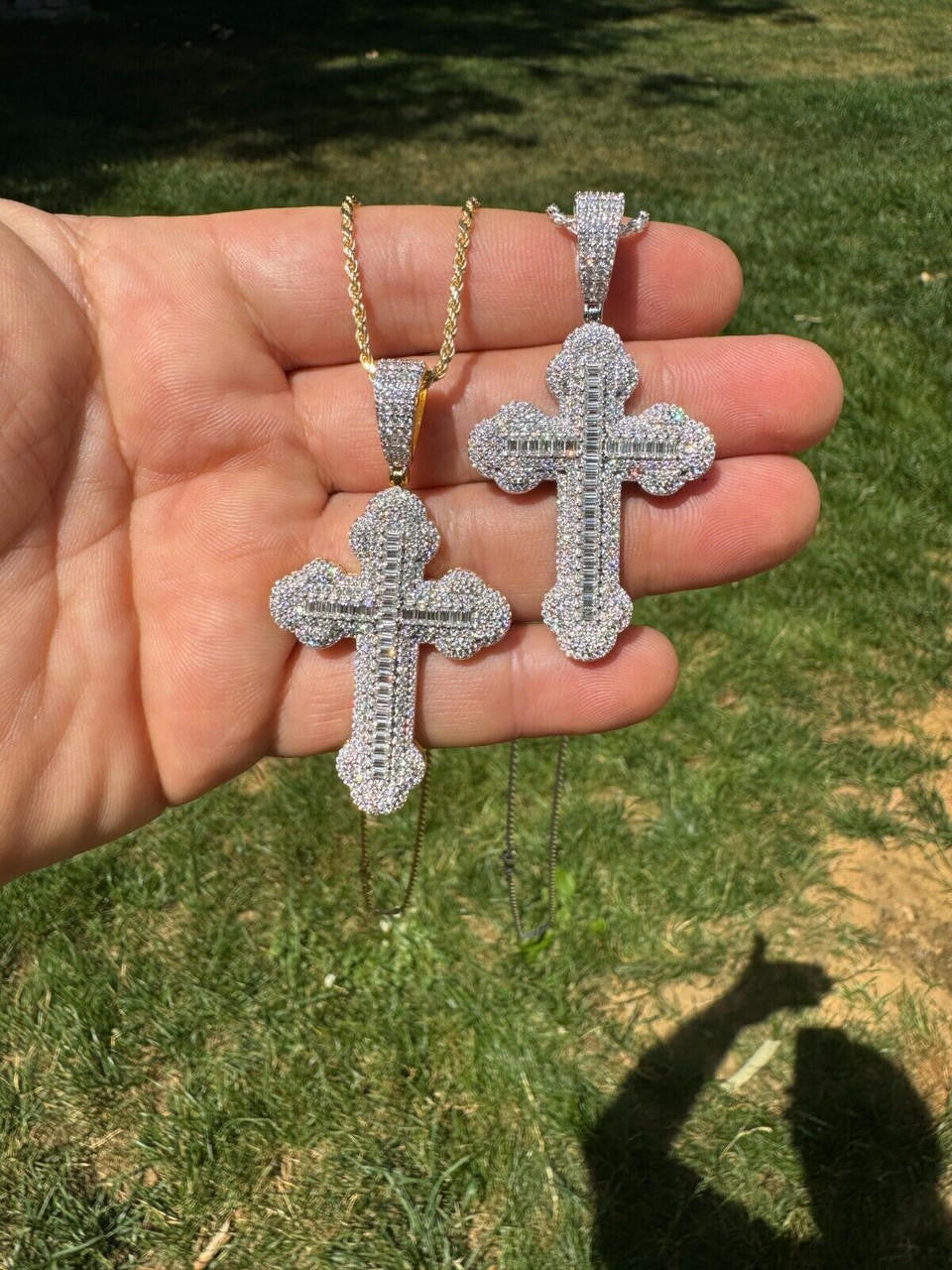 MOISSANITE Iced Gothic Baguette Cross Pendant - 14k Gold Vermeil or 925 Silver - Medium 2.25"
