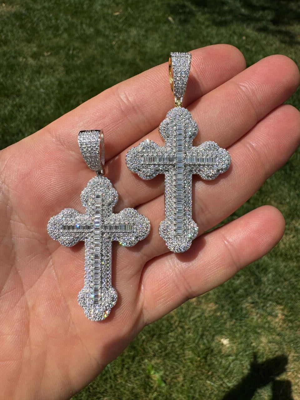 MOISSANITE Iced Gothic Baguette Cross Pendant - 14k Gold Vermeil or 925 Silver - Medium 2.25"