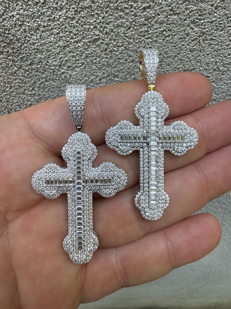 MOISSANITE Iced Gothic Baguette Cross Pendant - 14k Gold Vermeil or 925 Silver - Medium 2.25"