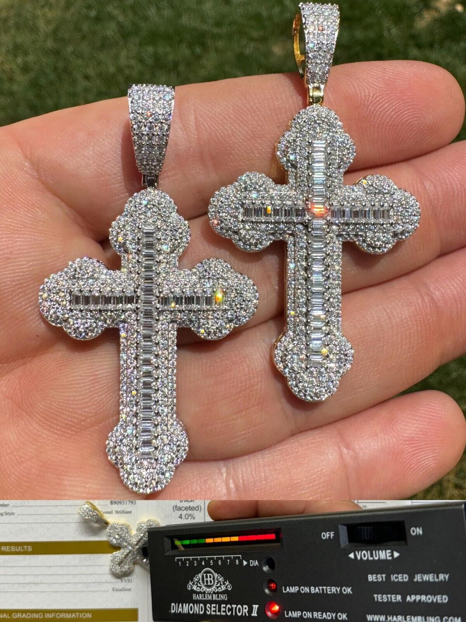 MOISSANITE Iced Gothic Baguette Cross Pendant - 14k Gold Vermeil or 925 Silver - Medium 2.25"