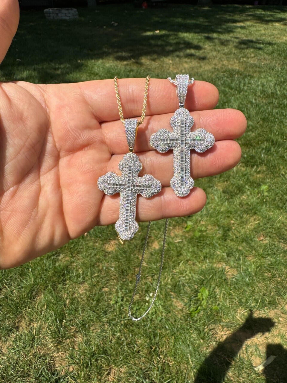 MOISSANITE Iced Gothic Baguette Cross Pendant - 14k Gold Vermeil or 925 Silver - Medium 2.25"