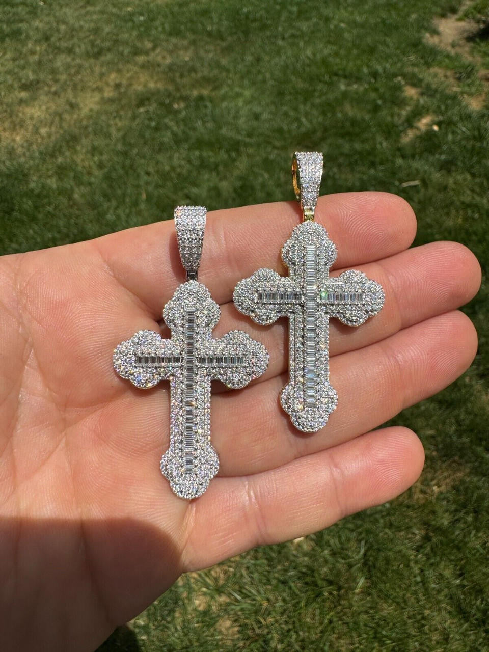 MOISSANITE Iced Gothic Baguette Cross Pendant - 14k Gold Vermeil or 925 Silver - Medium 2.25"