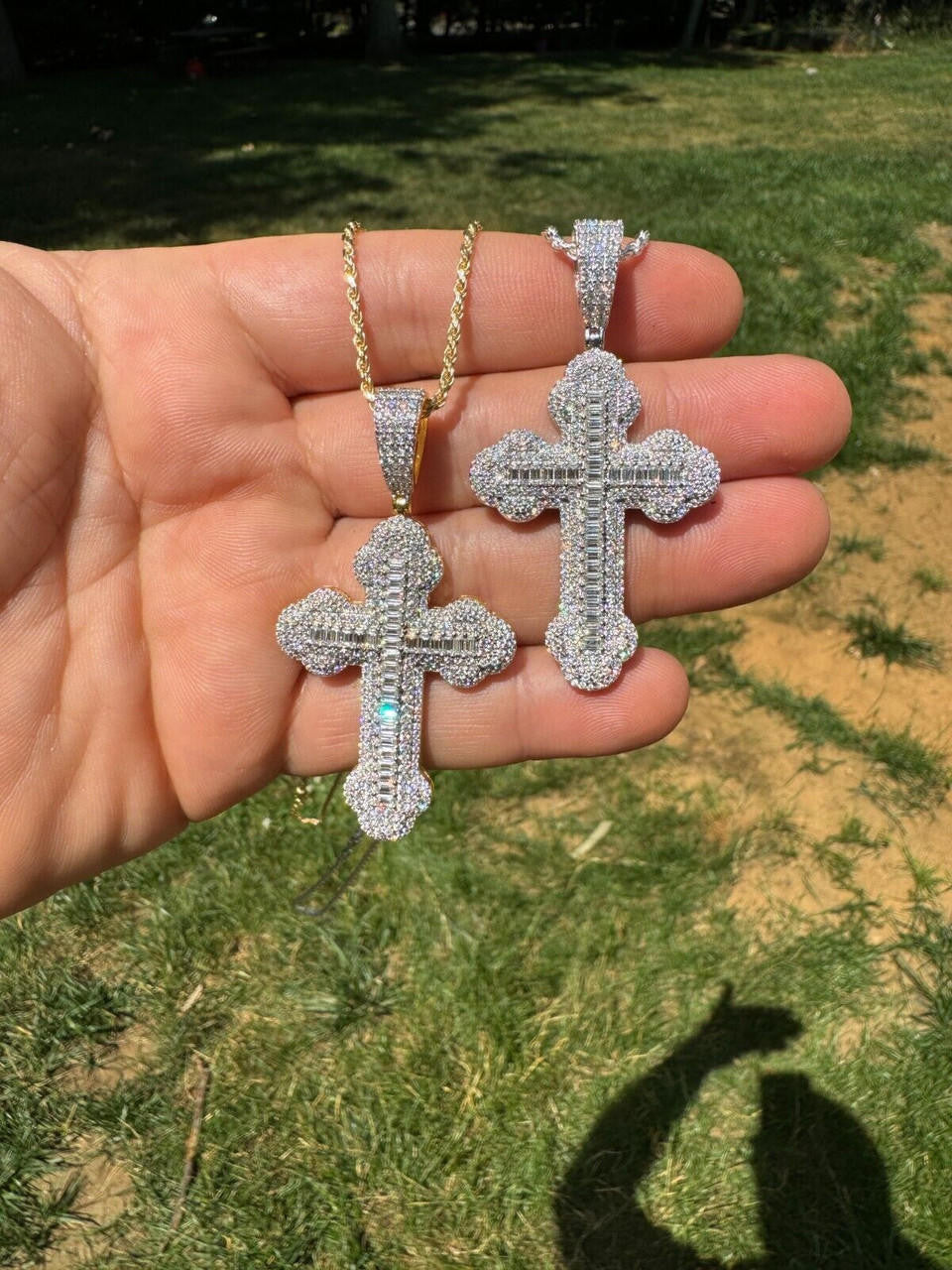 MOISSANITE Iced Gothic Baguette Cross Pendant - 14k Gold Vermeil or 925 Silver - Medium 2.25"