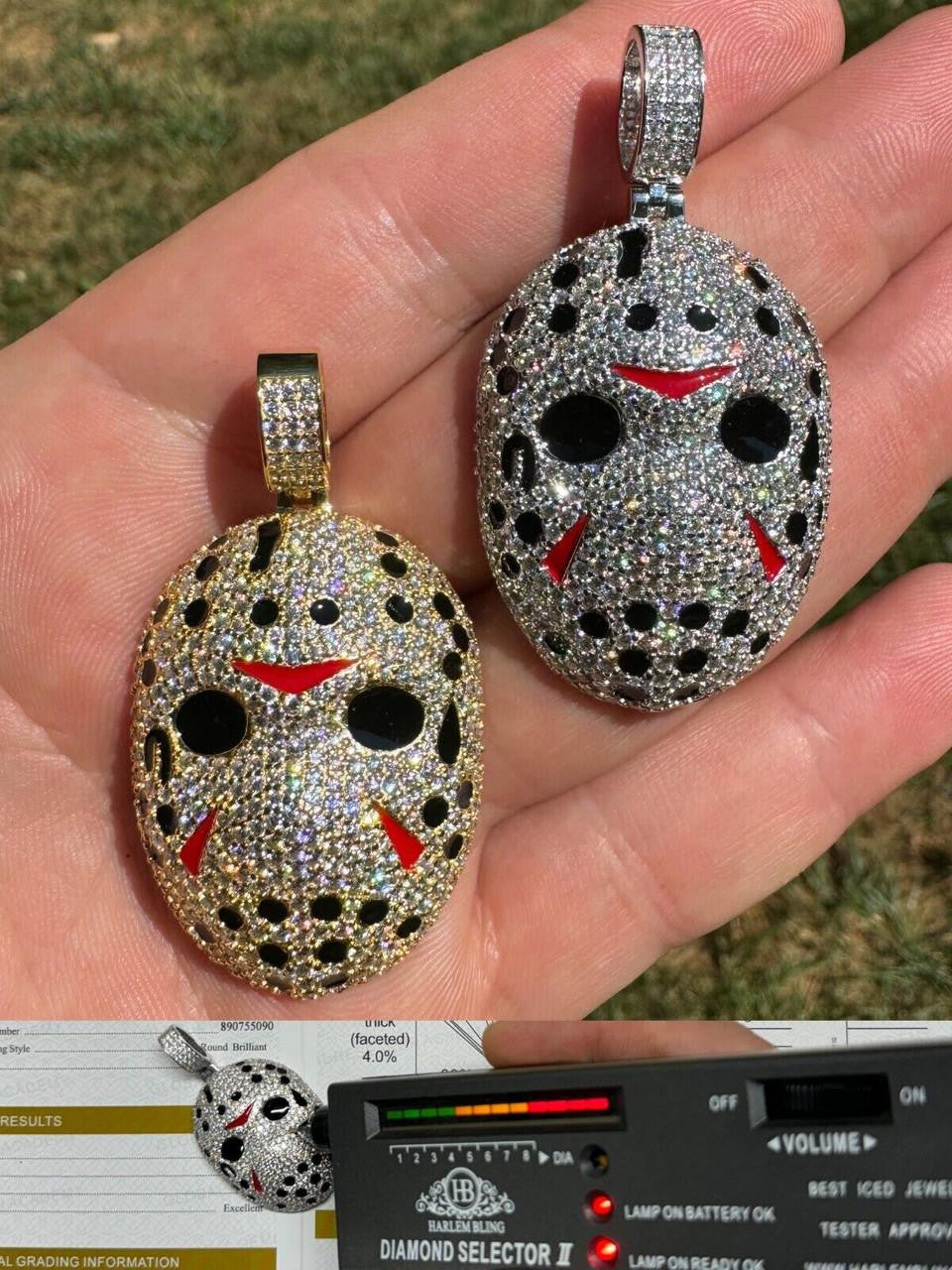 MOISSANITE Jason Mask Friday The 13th Pendant - 14k Yellow Gold Vermeil Or 925 Silver - Medium 2"