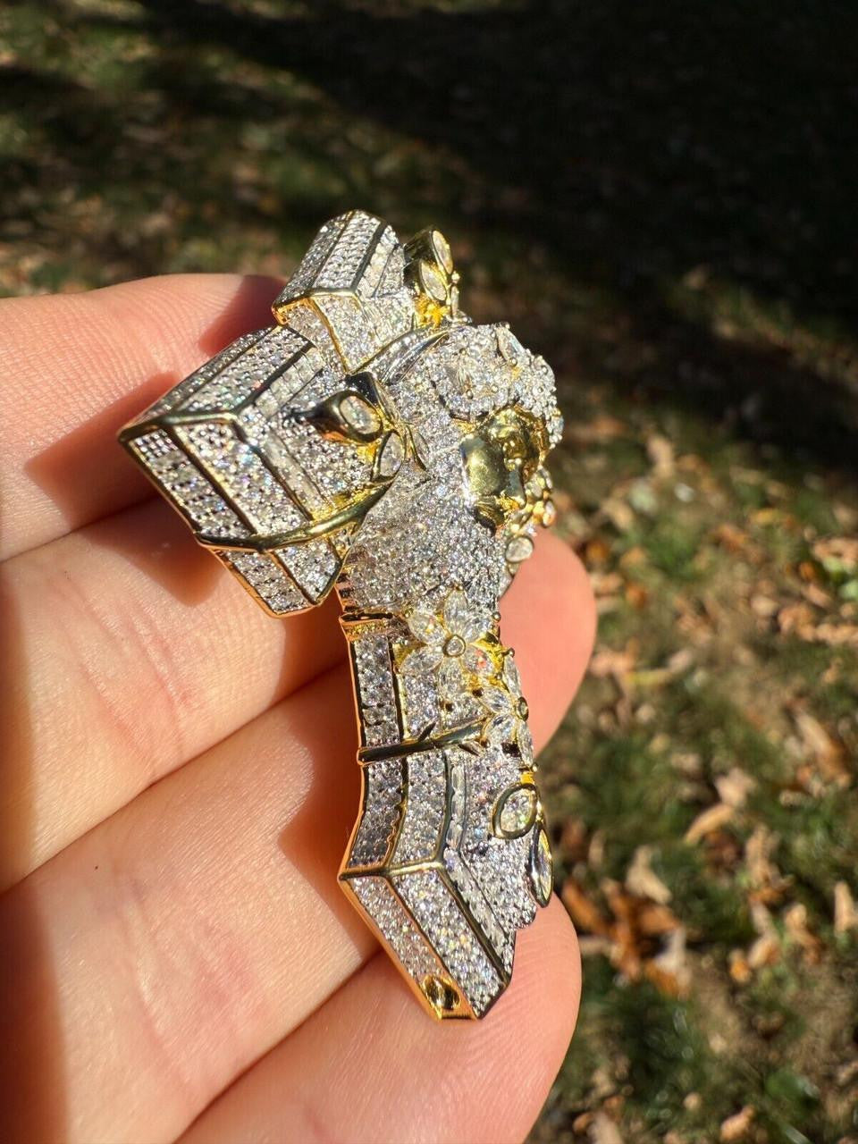 MOISSANITE Jesus Face Lil Uzi Cross Pendant - 14k Yellow/Rose Gold Vermeil Or 925 Silver - Large 2.25"