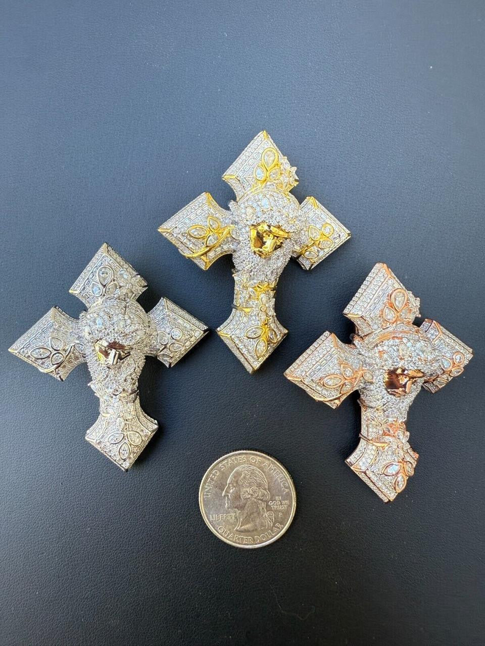 MOISSANITE Jesus Face Lil Uzi Cross Pendant - 14k Yellow/Rose Gold Vermeil Or 925 Silver - Large 2.25"