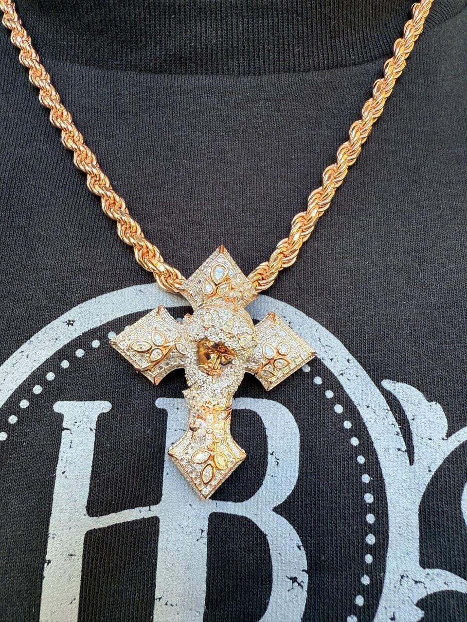 MOISSANITE Jesus Face Lil Uzi Cross Pendant - 14k Yellow/Rose Gold Vermeil Or 925 Silver - Large 2.25"