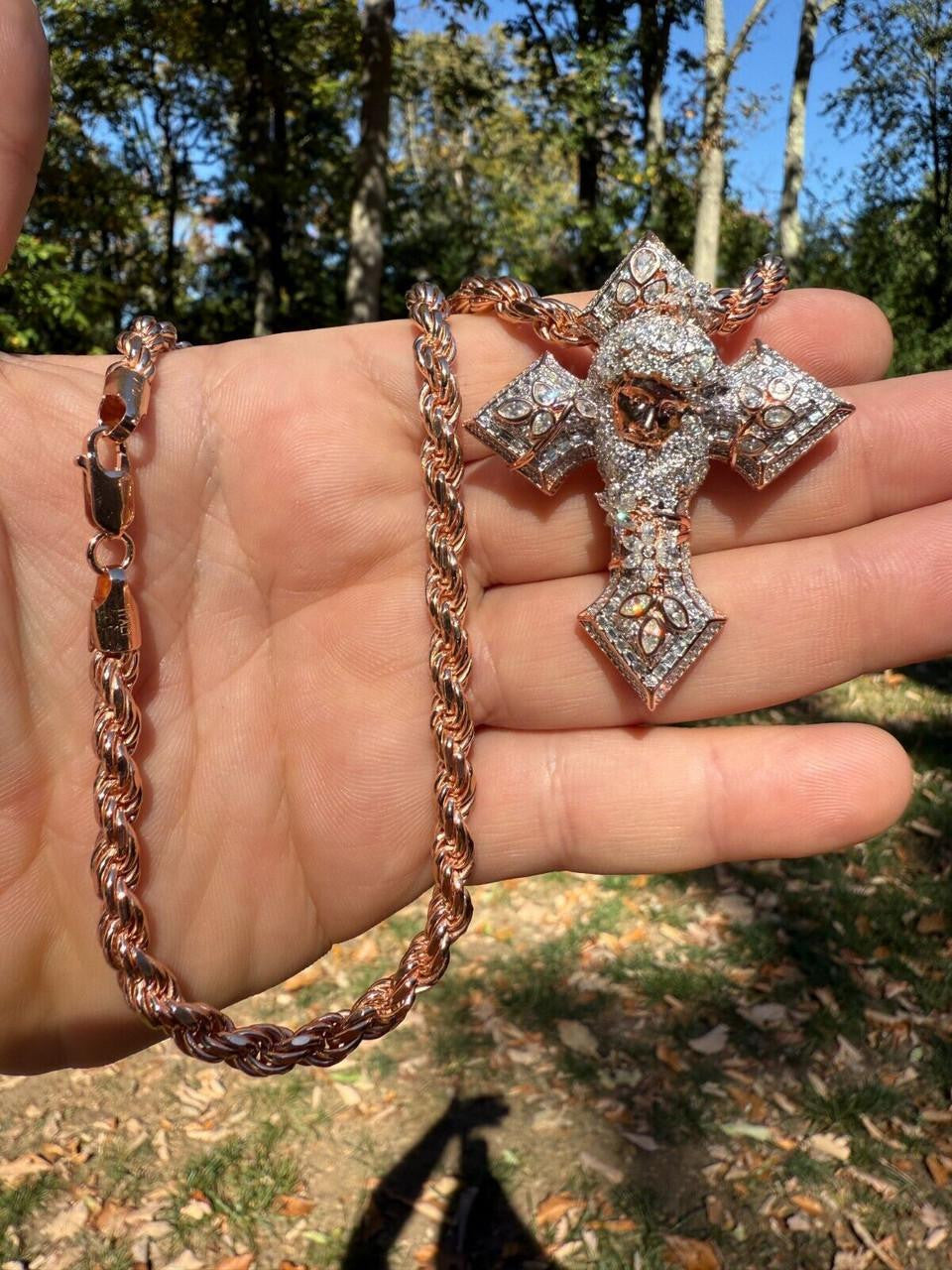 MOISSANITE Jesus Face Lil Uzi Cross Pendant - 14k Yellow/Rose Gold Vermeil Or 925 Silver - Large 2.25"