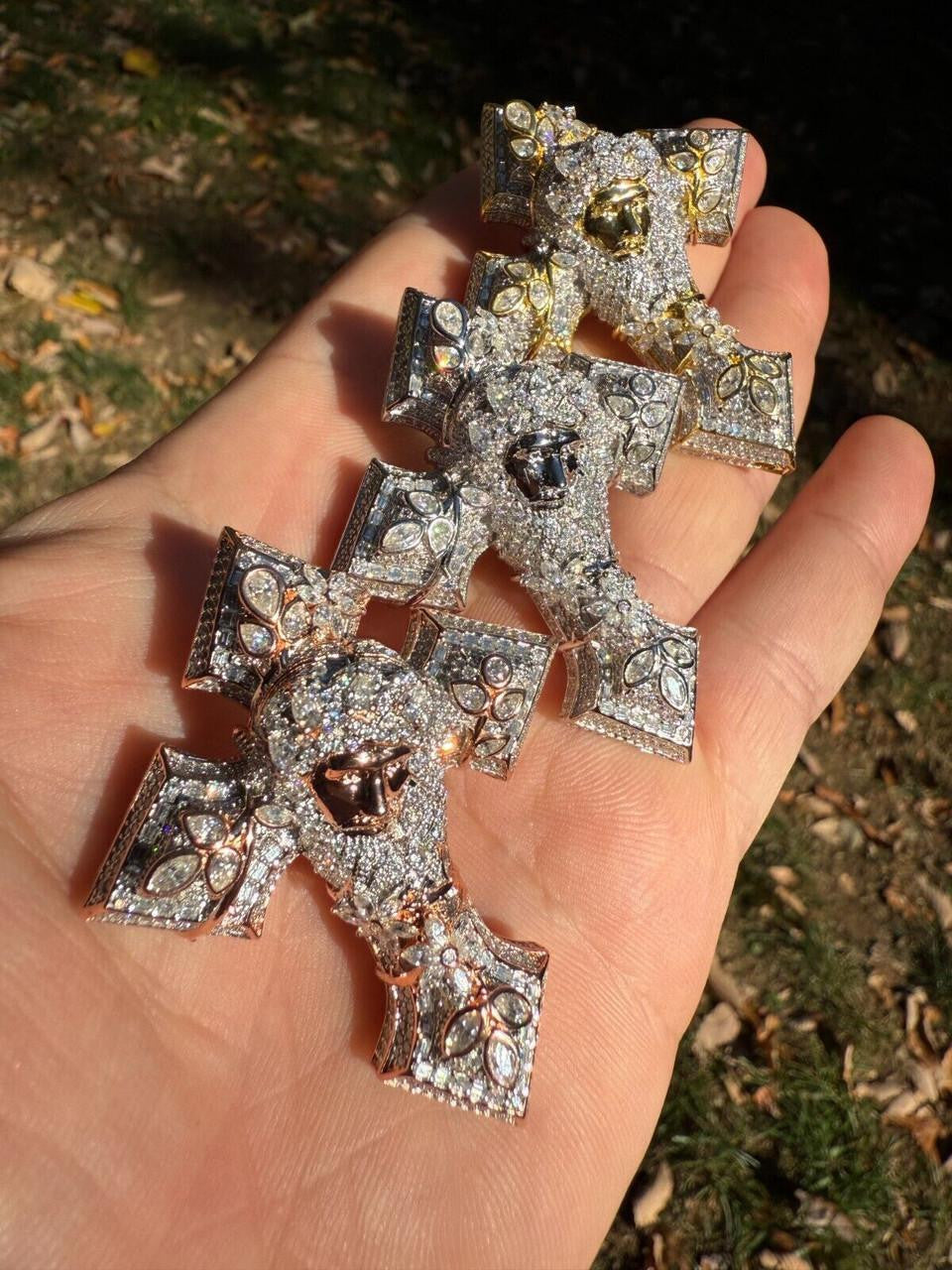 MOISSANITE Jesus Face Lil Uzi Cross Pendant - 14k Yellow/Rose Gold Vermeil Or 925 Silver - Large 2.25"
