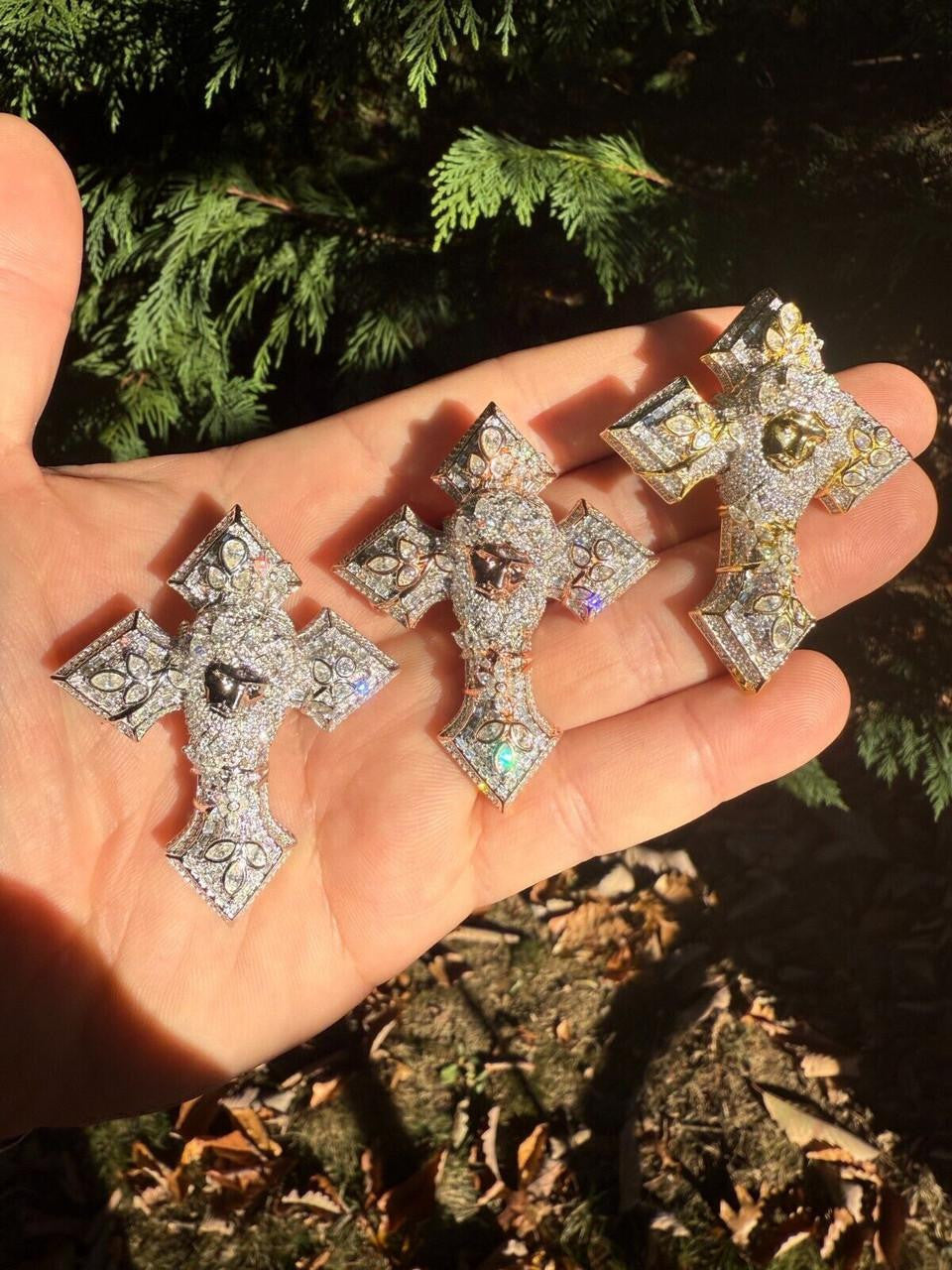MOISSANITE Jesus Face Lil Uzi Cross Pendant - 14k Yellow/Rose Gold Vermeil Or 925 Silver - Large 2.25"