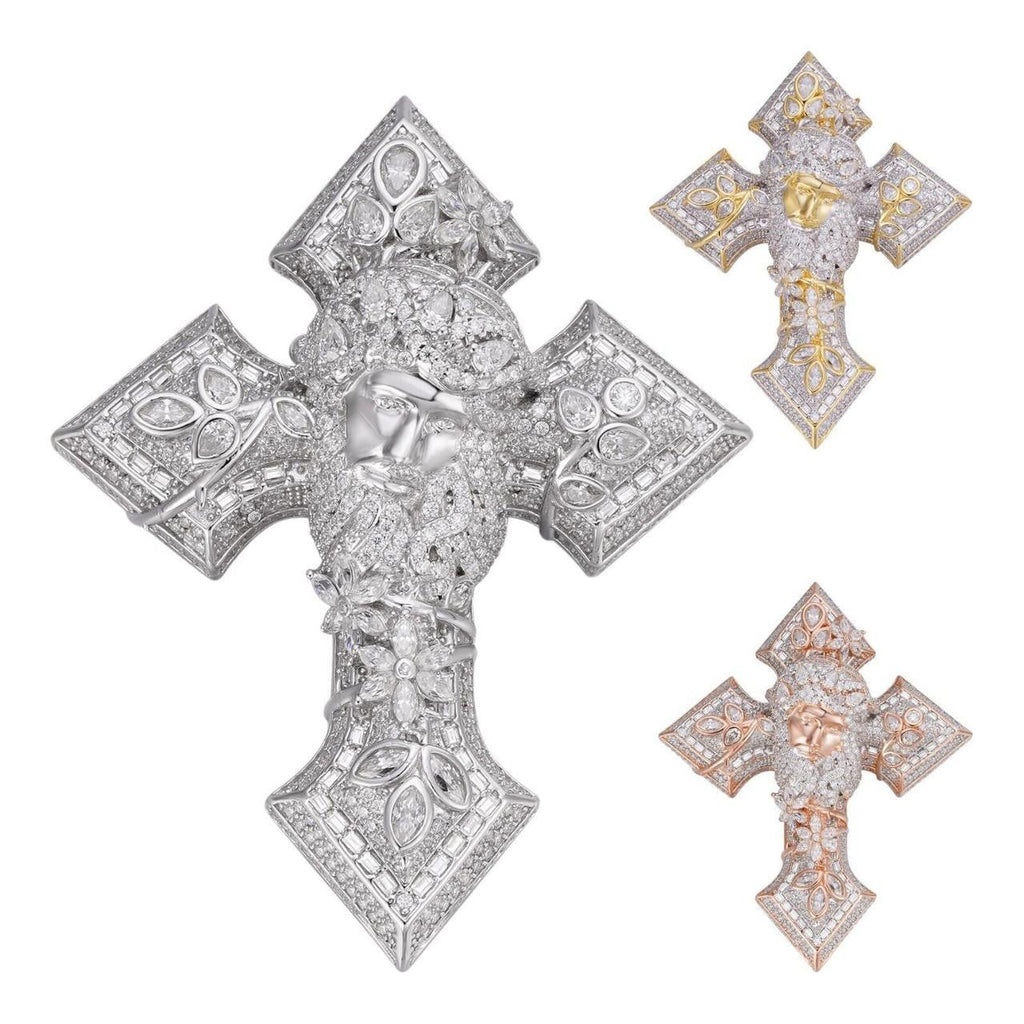 MOISSANITE Jesus Face Lil Uzi Cross Pendant - 14k Yellow/Rose Gold Vermeil Or 925 Silver - Large 2.25"