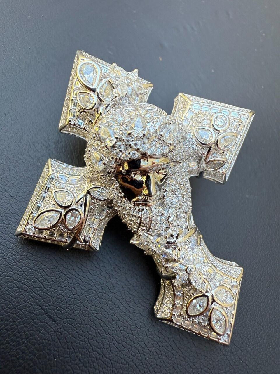 MOISSANITE Jesus Face Lil Uzi Cross Pendant - 14k Yellow/Rose Gold Vermeil Or 925 Silver - Large 2.25"