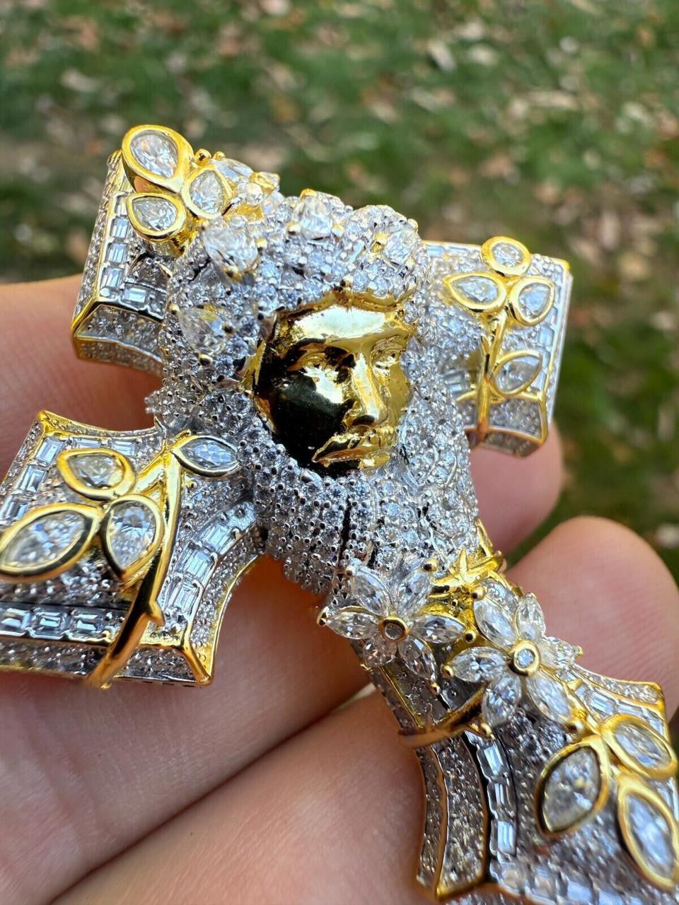MOISSANITE Jesus Face Lil Uzi Cross Pendant - 14k Yellow/Rose Gold Vermeil Or 925 Silver - Large 2.25"