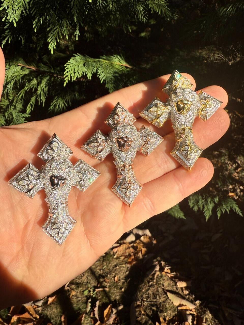 MOISSANITE Jesus Face Lil Uzi Cross Pendant - 14k Yellow/Rose Gold Vermeil Or 925 Silver - Large 2.25"