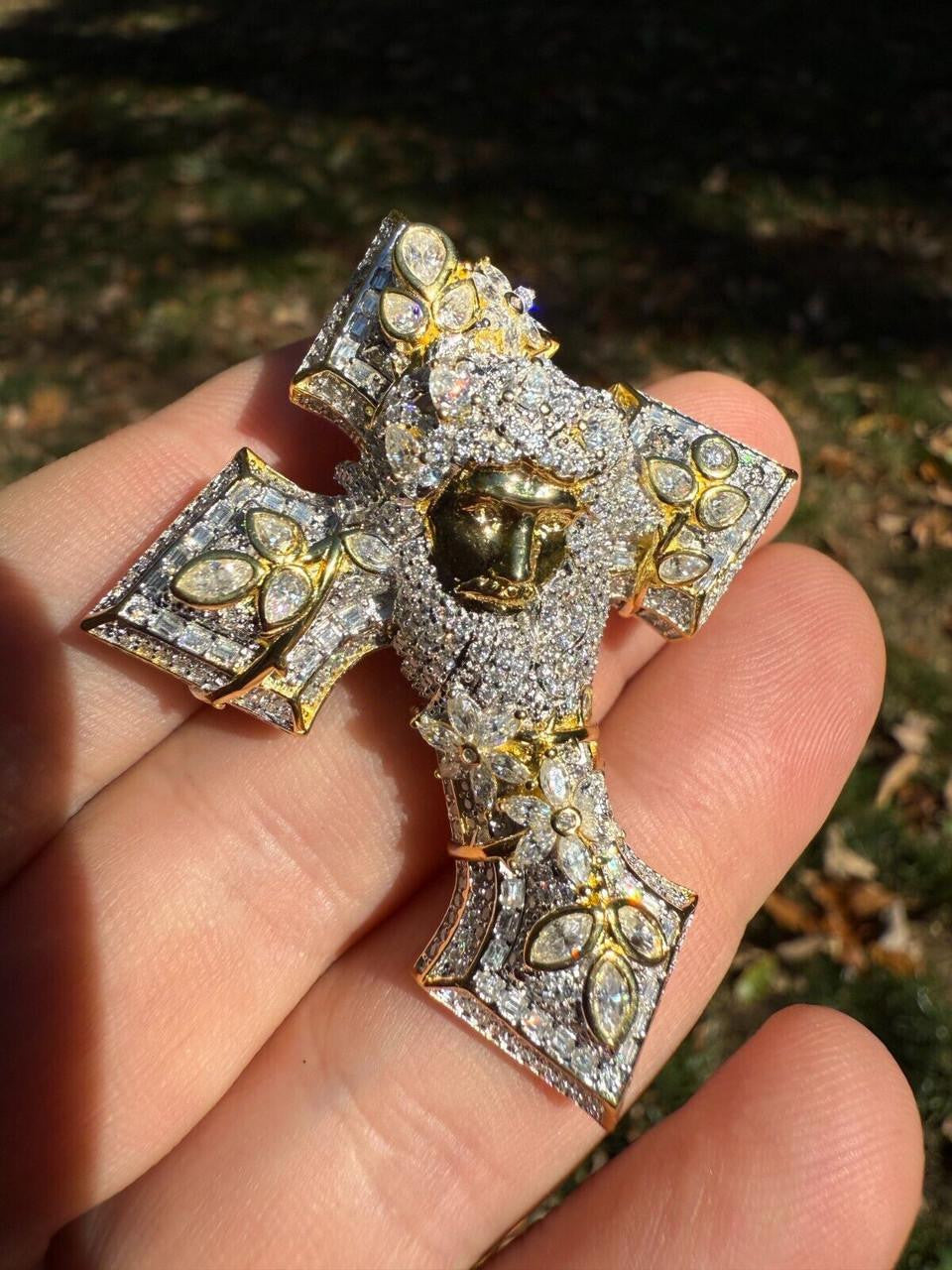 MOISSANITE Jesus Face Lil Uzi Cross Pendant - 14k Yellow/Rose Gold Vermeil Or 925 Silver - Large 2.25"
