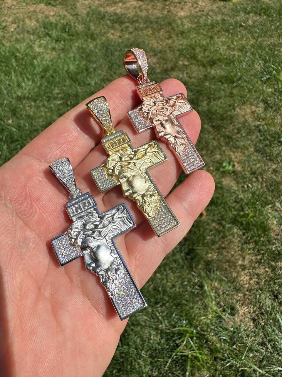MOISSANITE Jesus Face On Cross Pendant - 14k Yellow/Rose Gold Vermeil Or 925 Silver - Large 2.5"
