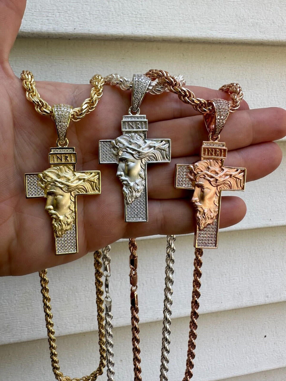 MOISSANITE Jesus Face On Cross Pendant - 14k Yellow/Rose Gold Vermeil Or 925 Silver - Large 2.5"