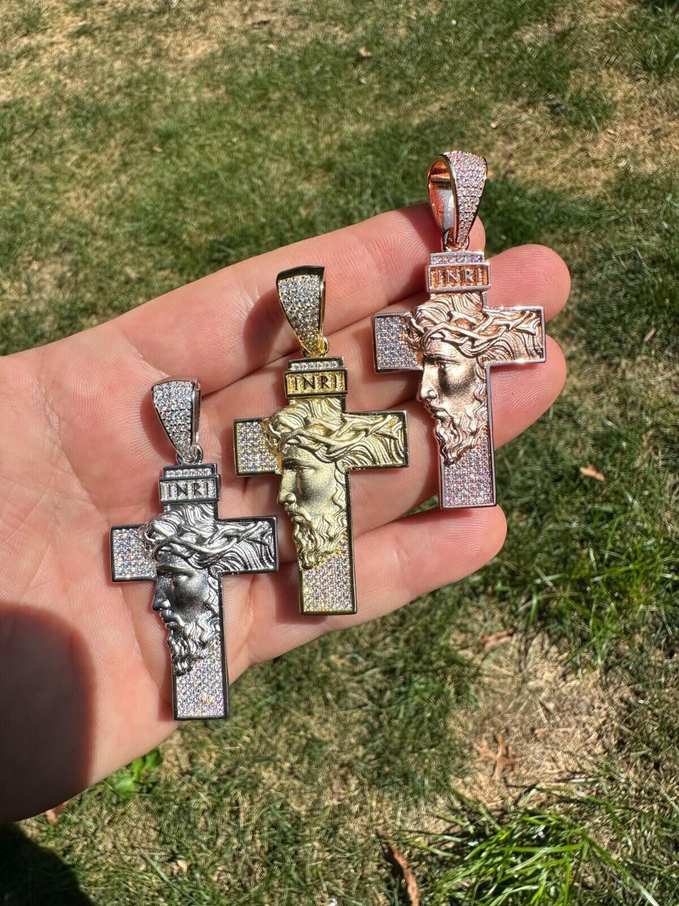 MOISSANITE Jesus Face On Cross Pendant - 14k Yellow/Rose Gold Vermeil Or 925 Silver - Large 2.5"