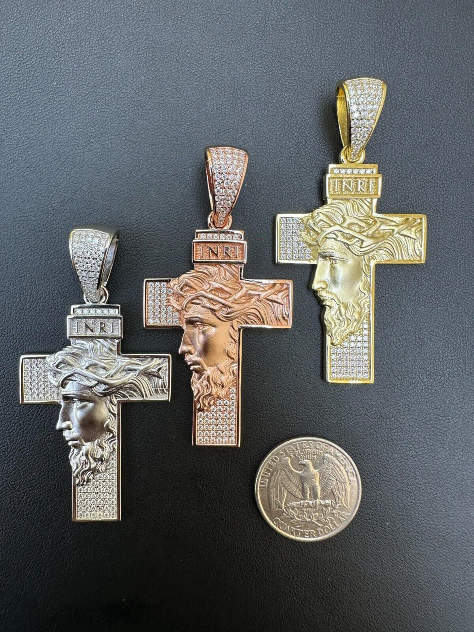 MOISSANITE Jesus Face On Cross Pendant - 14k Yellow/Rose Gold Vermeil Or 925 Silver - Large 2.5"