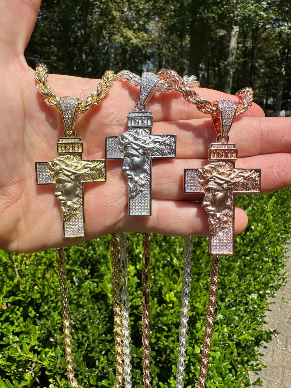 MOISSANITE Jesus Face On Cross Pendant - 14k Yellow/Rose Gold Vermeil Or 925 Silver - Large 2.5"