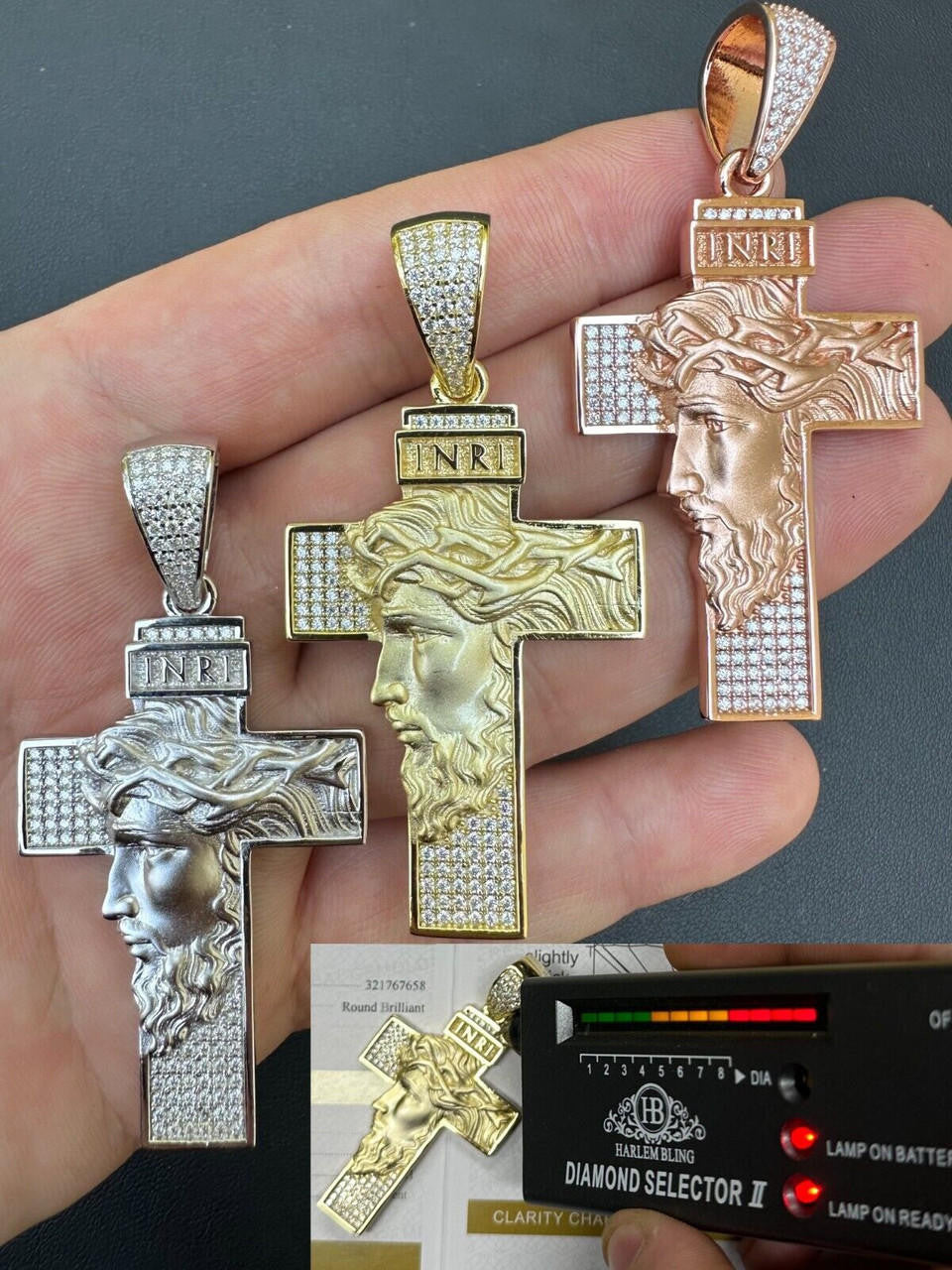 MOISSANITE Jesus Face On Cross Pendant - 14k Yellow/Rose Gold Vermeil Or 925 Silver - Large 2.5"