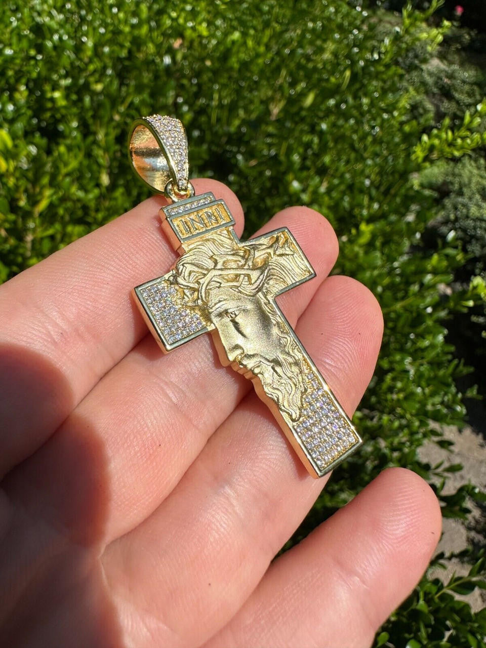 MOISSANITE Jesus Face On Cross Pendant - 14k Yellow/Rose Gold Vermeil Or 925 Silver - Large 2.5"