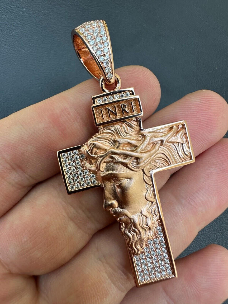MOISSANITE Jesus Face On Cross Pendant - 14k Yellow/Rose Gold Vermeil Or 925 Silver - Large 2.5"