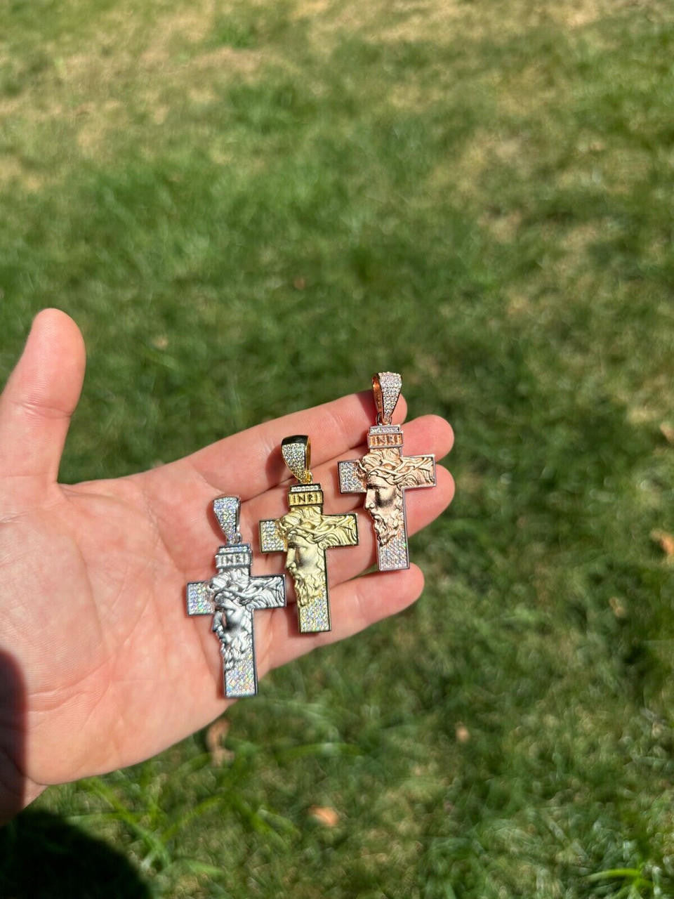 MOISSANITE Jesus Face On Cross Pendant - 14k Yellow/Rose Gold Vermeil Or 925 Silver - Large 2.5"