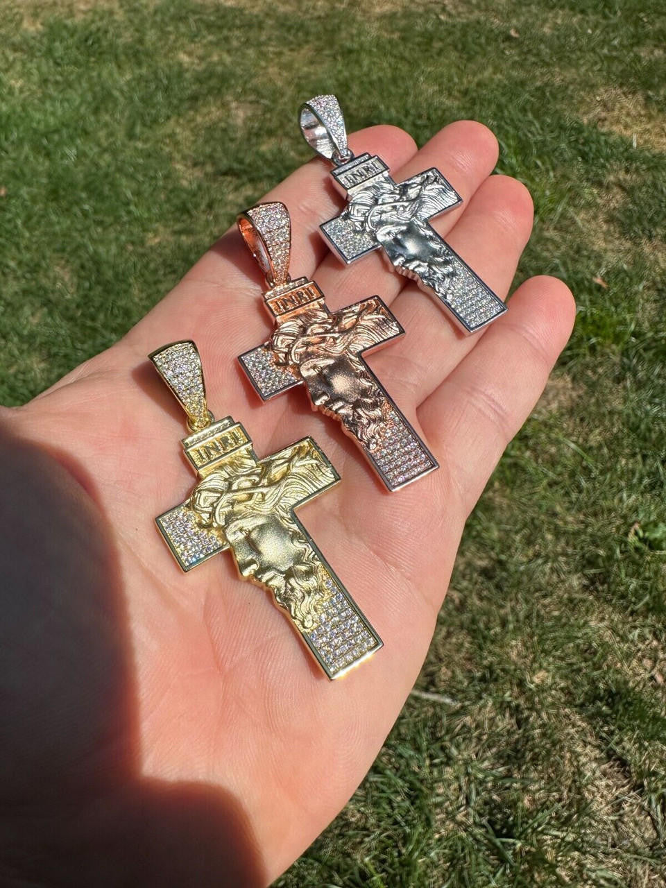 MOISSANITE Jesus Face On Cross Pendant - 14k Yellow/Rose Gold Vermeil Or 925 Silver - Large 2.5"