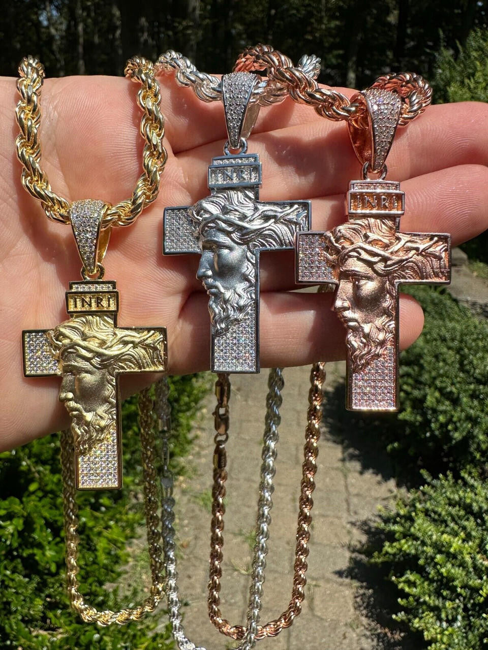 MOISSANITE Jesus Face On Cross Pendant - 14k Yellow/Rose Gold Vermeil Or 925 Silver - Large 2.5"