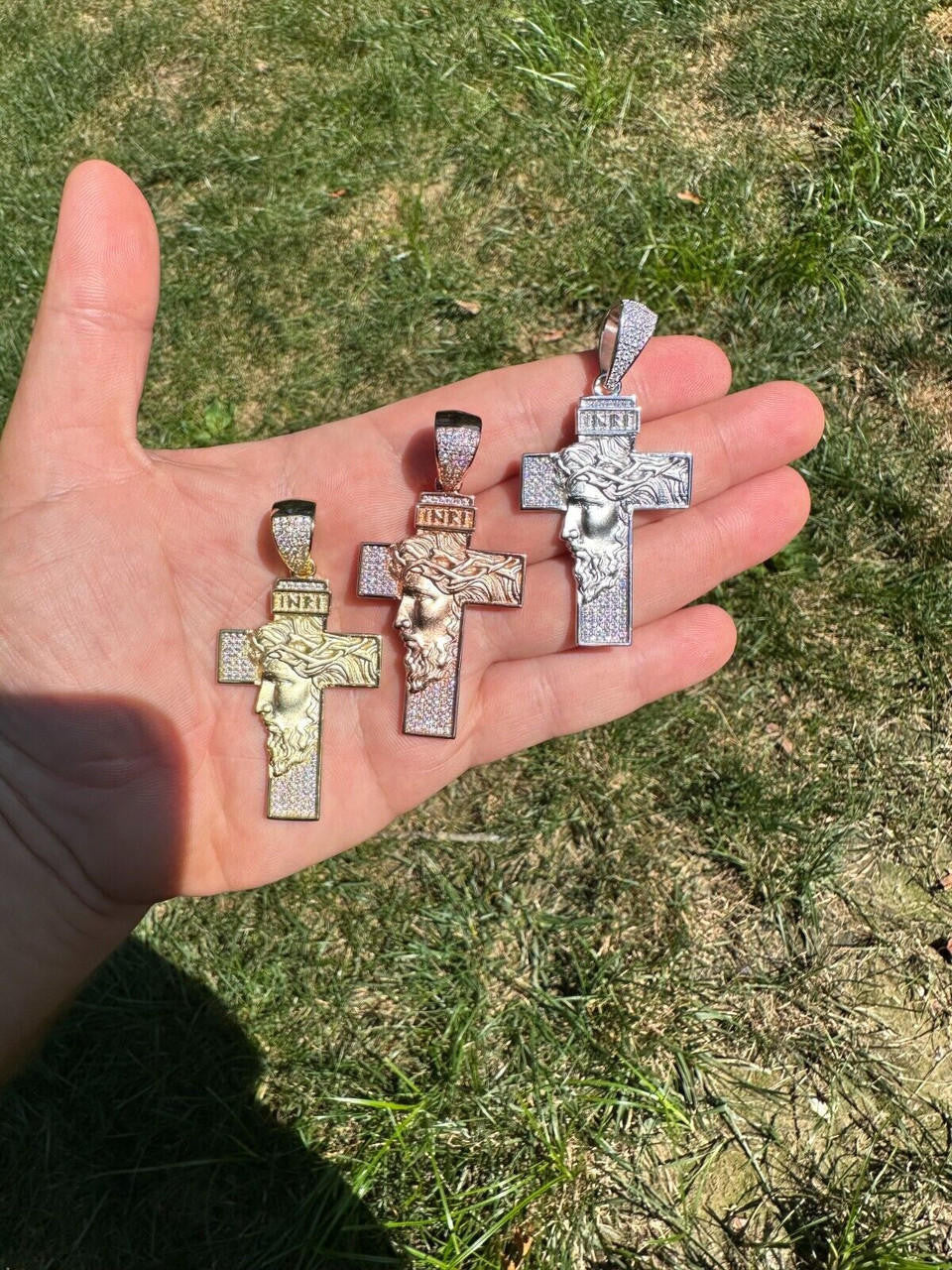 MOISSANITE Jesus Face On Cross Pendant - 14k Yellow/Rose Gold Vermeil Or 925 Silver - Large 2.5"