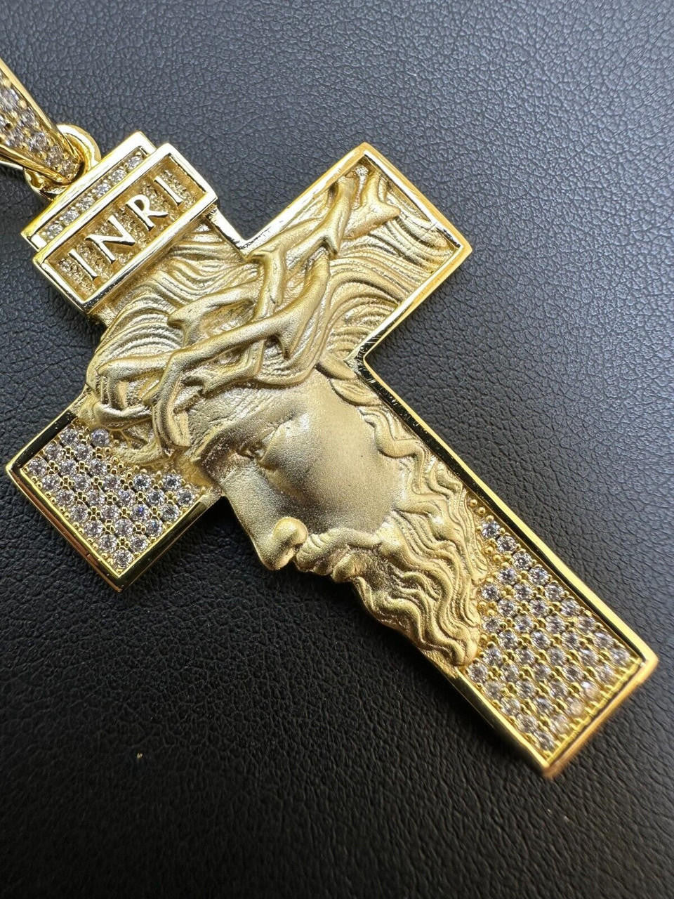 MOISSANITE Jesus Face On Cross Pendant - 14k Yellow/Rose Gold Vermeil Or 925 Silver - Large 2.5"