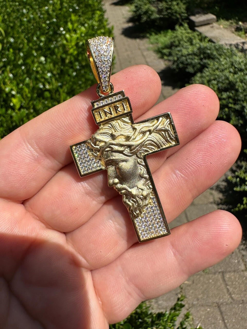 MOISSANITE Jesus Face On Cross Pendant - 14k Yellow/Rose Gold Vermeil Or 925 Silver - Large 2.5"