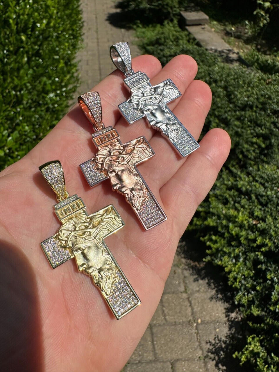MOISSANITE Jesus Face On Cross Pendant - 14k Yellow/Rose Gold Vermeil Or 925 Silver - Large 2.5"