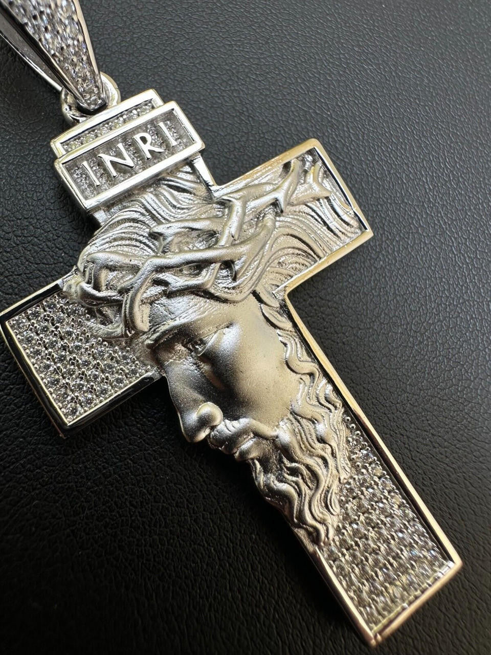 MOISSANITE Jesus Face On Cross Pendant - 14k Yellow/Rose Gold Vermeil Or 925 Silver - Large 2.5"
