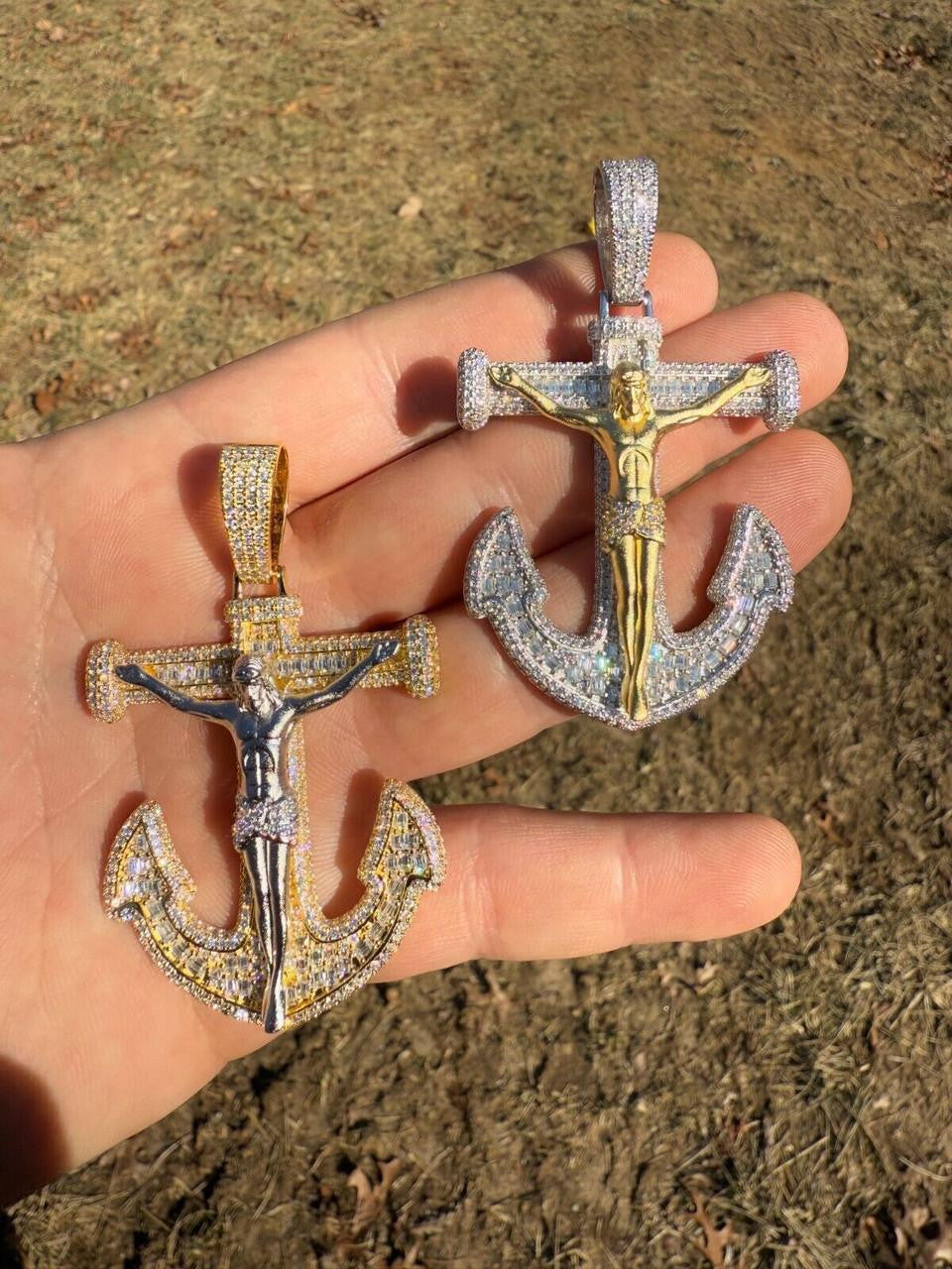 MOISSANITE Jesus On Anchor Cross Pendant - 14k Gold Vermeil or 925 Silver - Large 2.5"