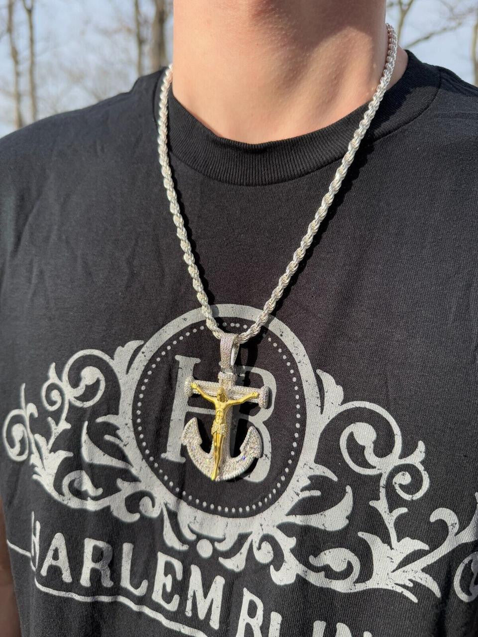 MOISSANITE Jesus On Anchor Cross Pendant - 14k Gold Vermeil or 925 Silver - Large 2.5"