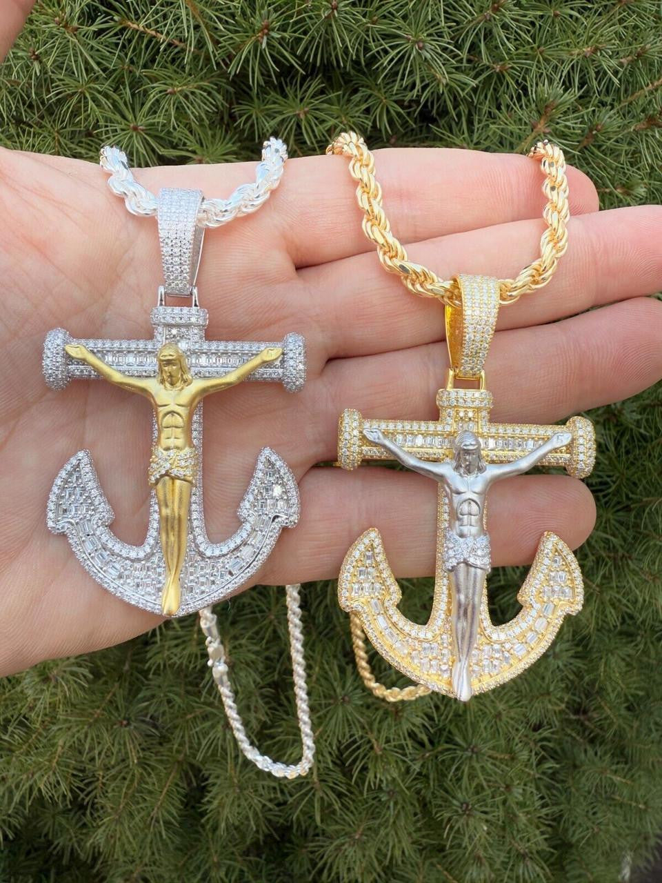 MOISSANITE Jesus On Anchor Cross Pendant - 14k Gold Vermeil or 925 Silver - Large 2.5"