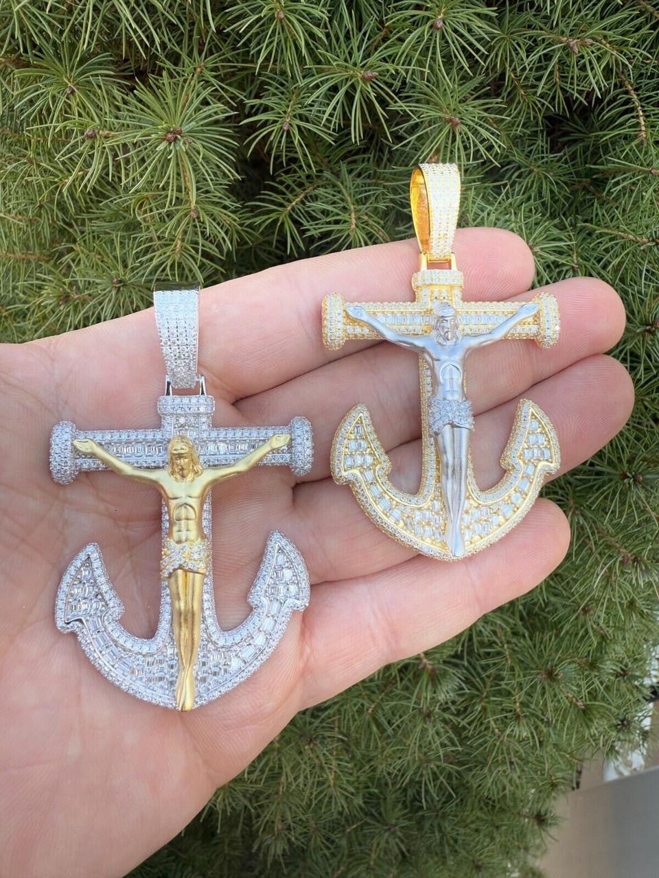 MOISSANITE Jesus On Anchor Cross Pendant - 14k Gold Vermeil or 925 Silver - Large 2.5"