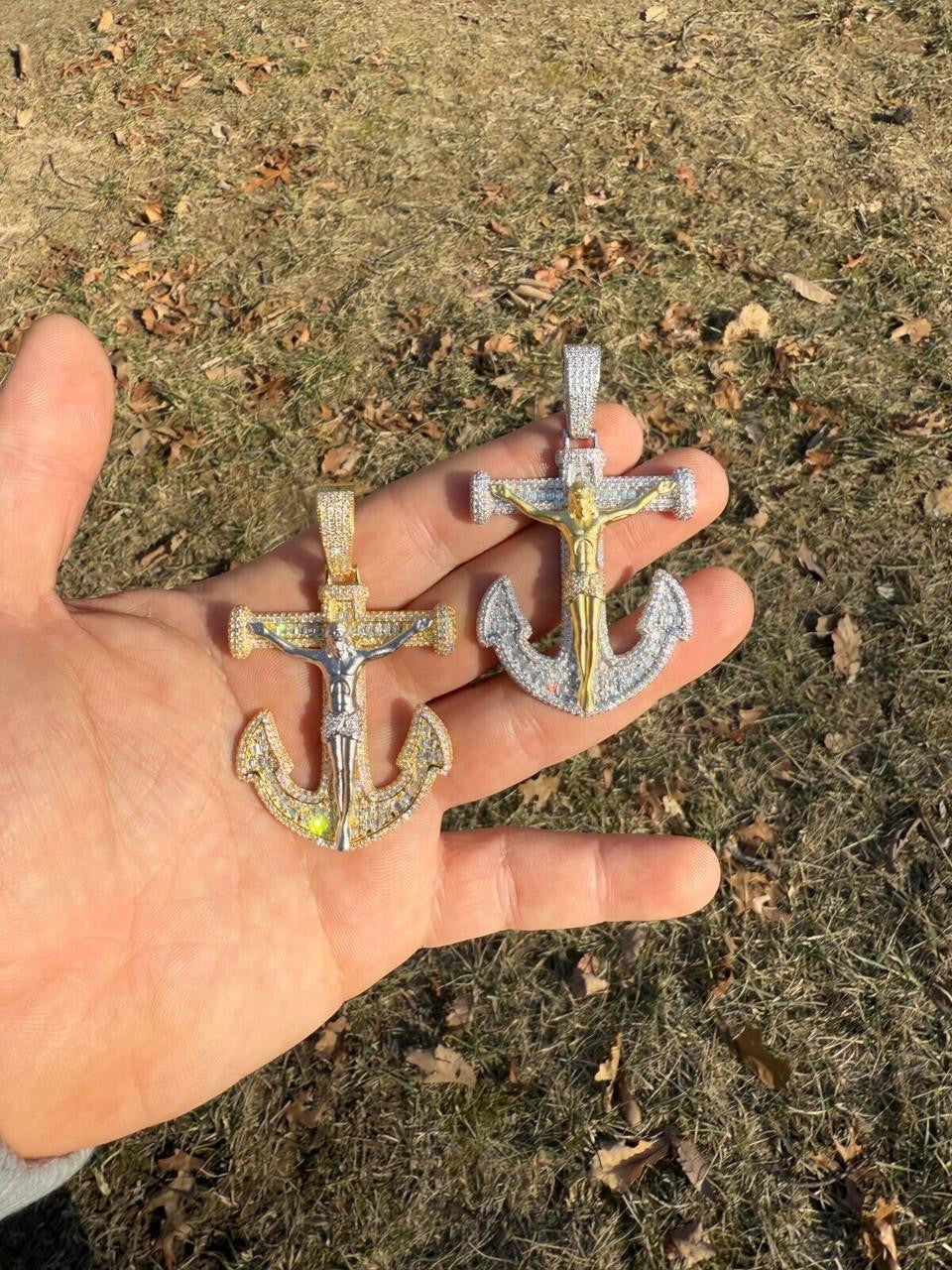 MOISSANITE Jesus On Anchor Cross Pendant - 14k Gold Vermeil or 925 Silver - Large 2.5"