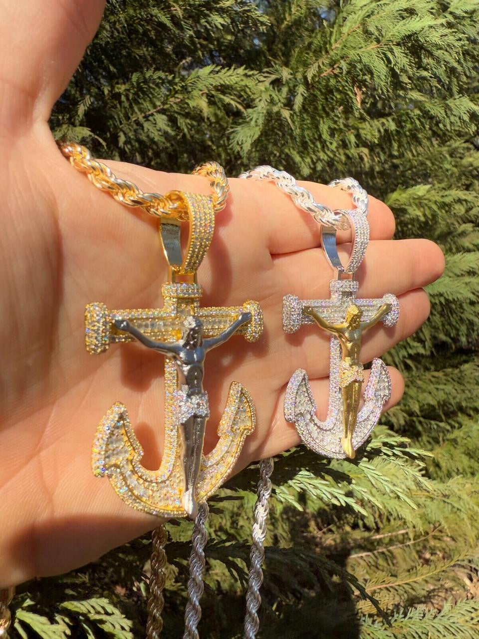 MOISSANITE Jesus On Anchor Cross Pendant - 14k Gold Vermeil or 925 Silver - Large 2.5"
